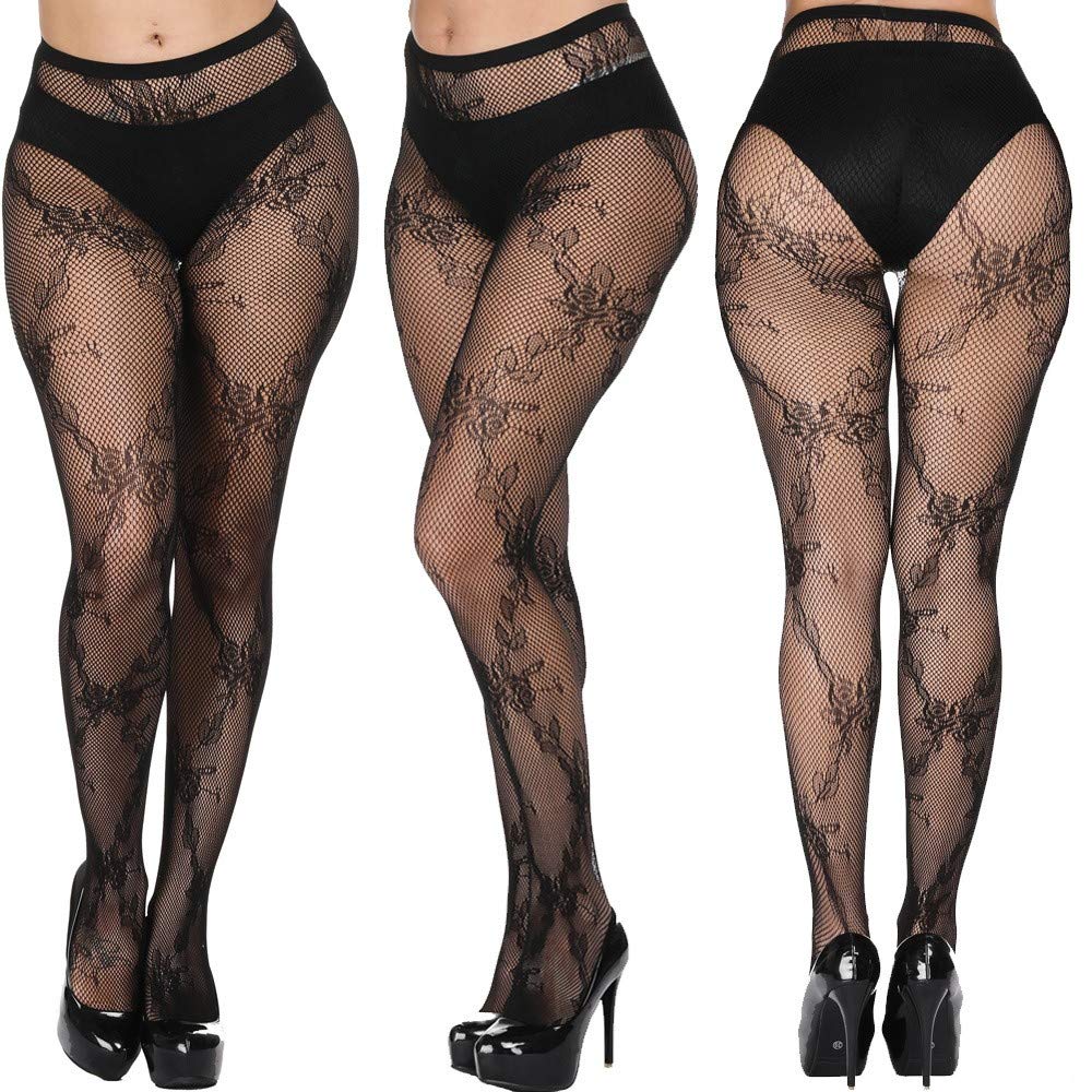 Plus Size Women's Sexy Lace Patterned Tights - Floral Fishnet Stockings High Waist Pantyhose (4 Pairs) for Ladies & Girls | Perfect for Date Night, Cosplay & Fashion Outfits