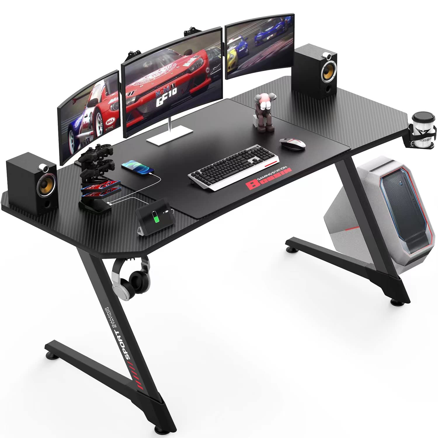 VITESSE 55 Inch Ergonomic Z-Shaped Gaming Desk with Mouse Pad, Charging Handle Rack, Cup Holder & Headphone Hook - Perfect for PC Gaming, Home Office & Workstation Setup