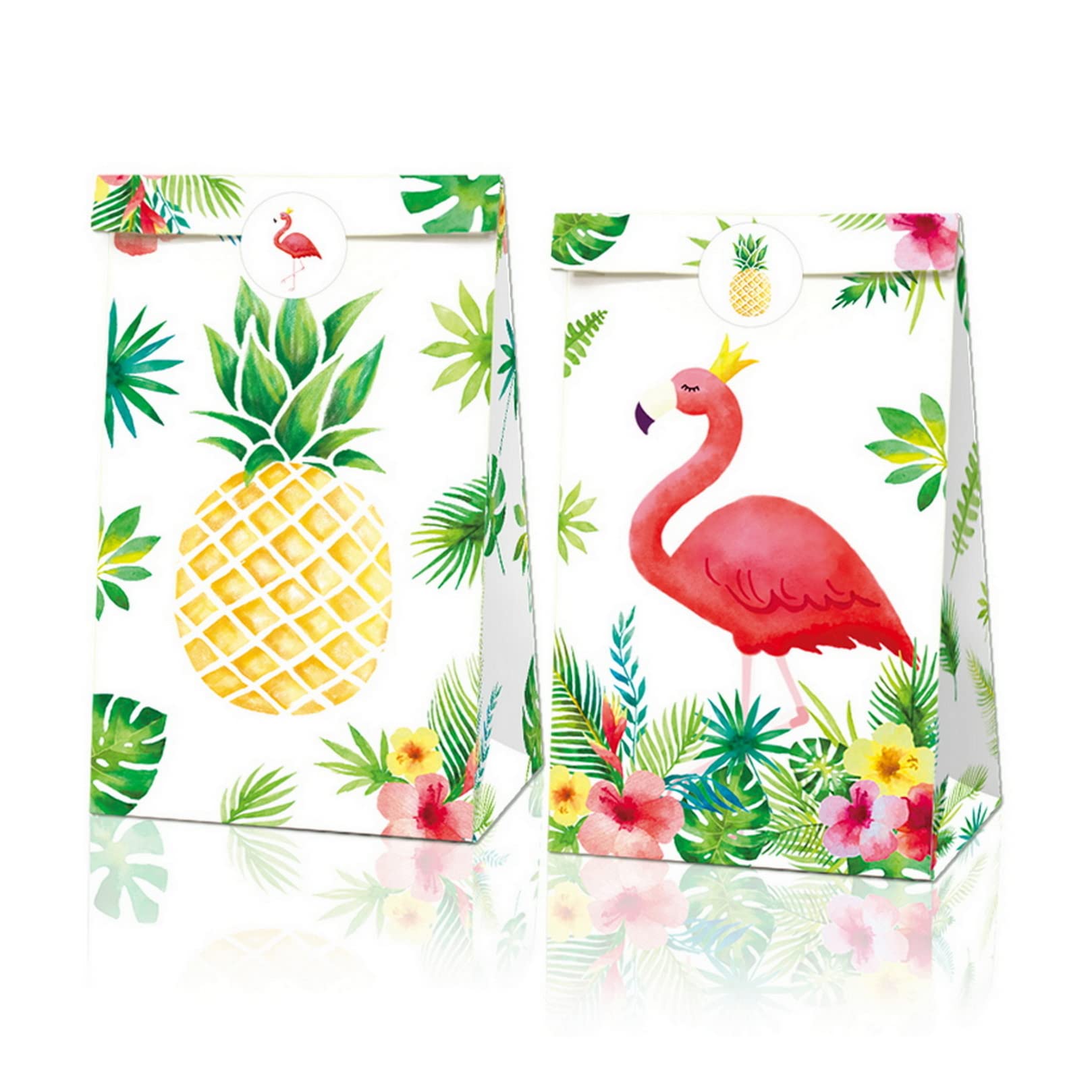 COSFAN 12 Pack Hawaiian Party Gift Bags - Tropical Flamingo & Pineapple Themed Goodie Bags for Candy & Treats | Perfect for Luau, Birthday, Beach & Summer Party Favors | Includes Decorative Stickers