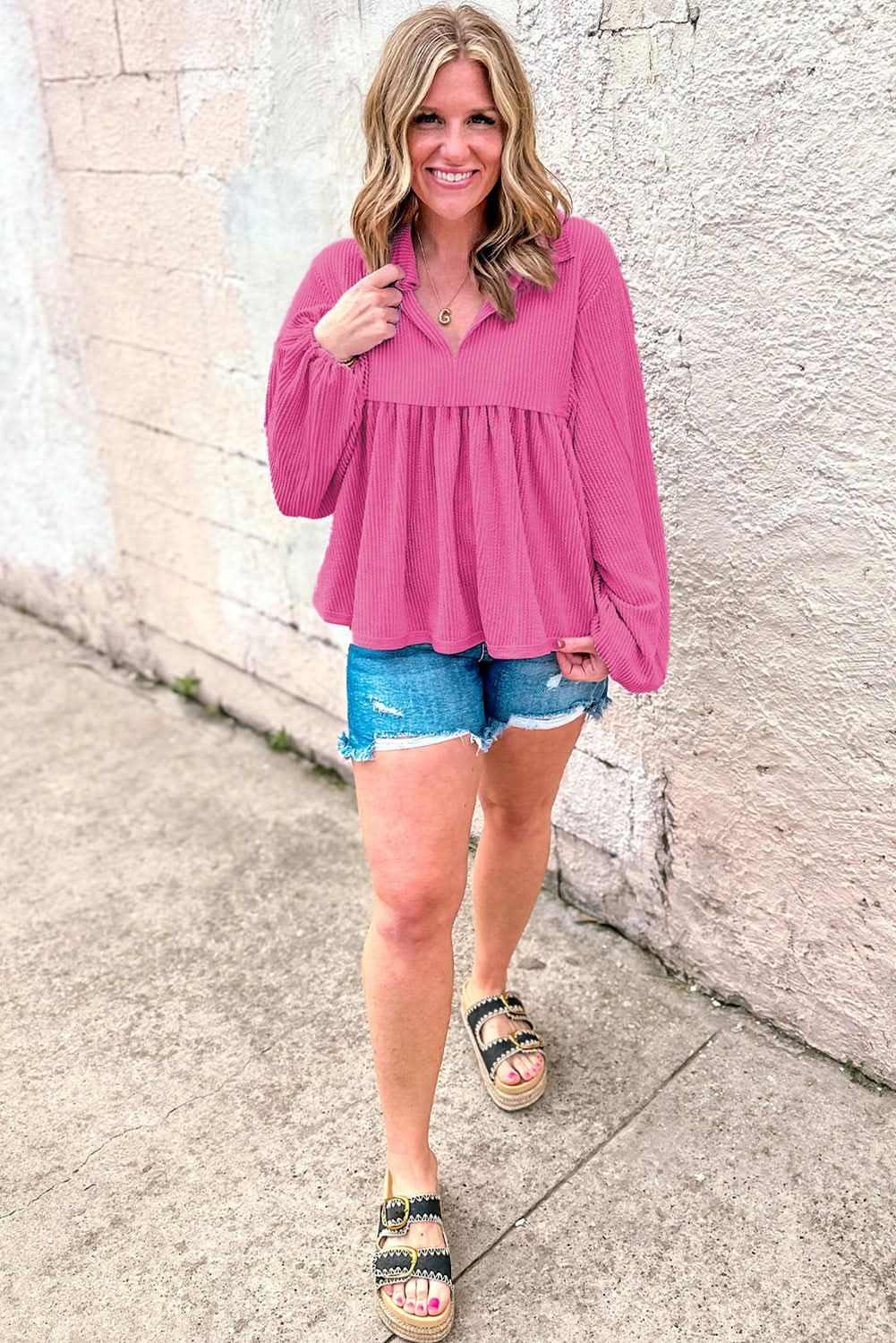Bright Pink V-Neck Babydoll Blouse with Bubble Sleeves & Corded Details - Women's Casual Flowy Top for Date Night & Summer Outfits