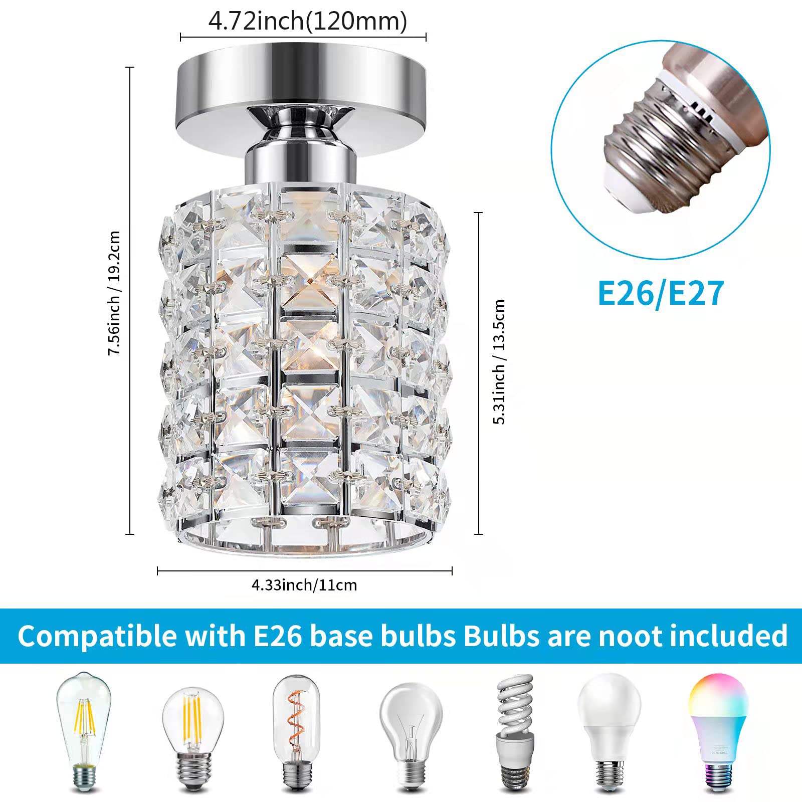 Modern Crystal Semi Flush Mount Ceiling Light Fixture - Small Chandelier Pendant Lamp for Bathroom, Hallway, Cafe, Bar, Porch & Indoor Lighting | Elegant Home & Commercial Decor