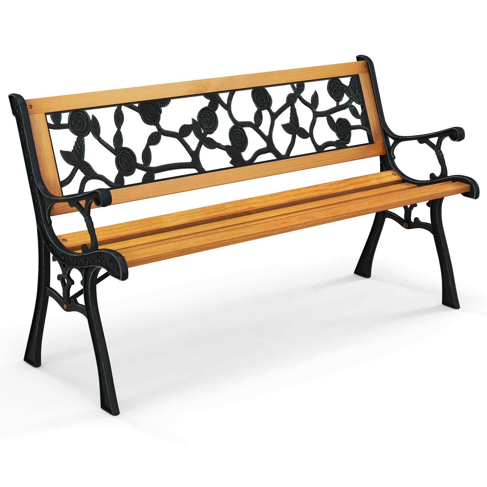 Tangkula Outdoor Garden Bench - Heavy Duty Cast Iron & Hardwood Park Bench for Patio, Porch, Backyard, Deck, Lawn & Poolside - Weather Resistant Durable Loveseat for Relaxing in Gardens, Parks & Outdoor Spaces