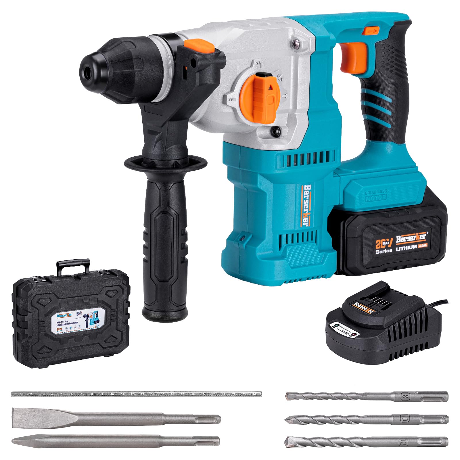 Berserker 20V Cordless SDS-Plus Rotary Hammer Drill - 1-1/8 Inch, Brushless Motor with Safety Clutch, 4.0Ah Lithium-Ion Battery & 3.0A Fast Charger, 4-Speed Modes for Concrete Drilling - Perfect for Construction, Masonry, and DIY Home Projects