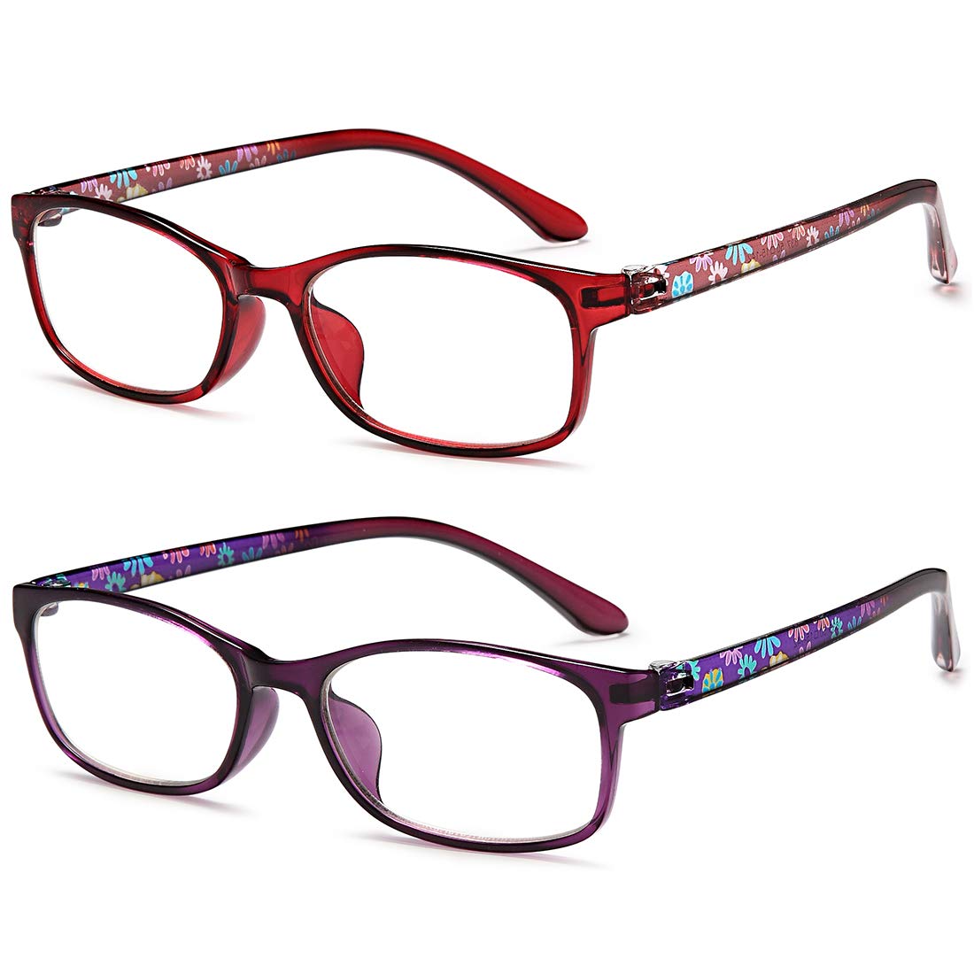Blue Light Blocking Reading Glasses for Women - Stylish Computer Glasses with Pattern Design (Set of 2, Purple/Red, +1.5 Magnification) - Perfect for Office Work, Screen Time & Digital Eye Strain Relief