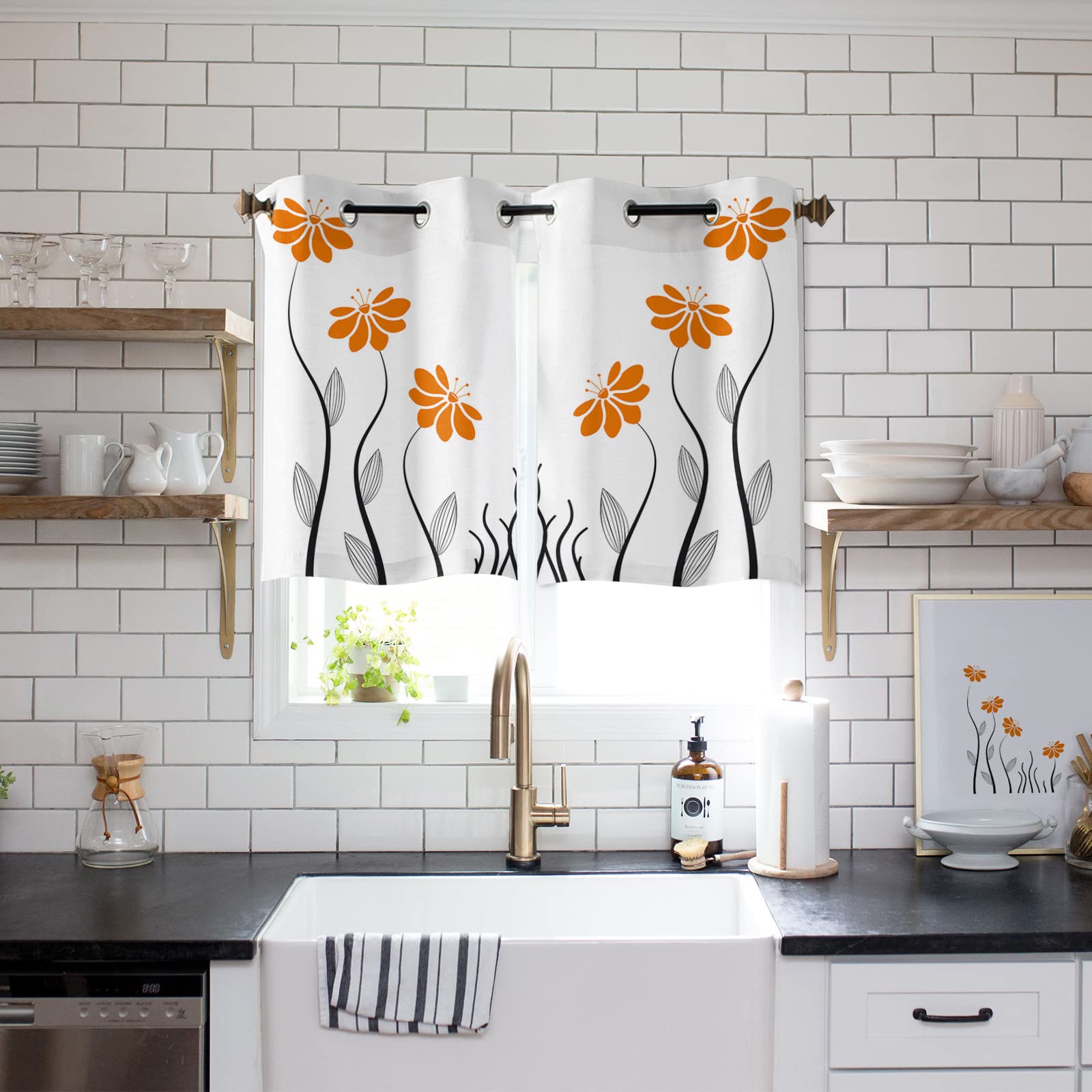 Orange Aqua Floral Window Curtains 39 Inch Length - 2 Panels Grommet Kitchen & Cafe Curtains for Bedroom, Modern Geometric Striped Leaves Design - Perfect for Home Decor, Window Treatments & Room Aesthetics