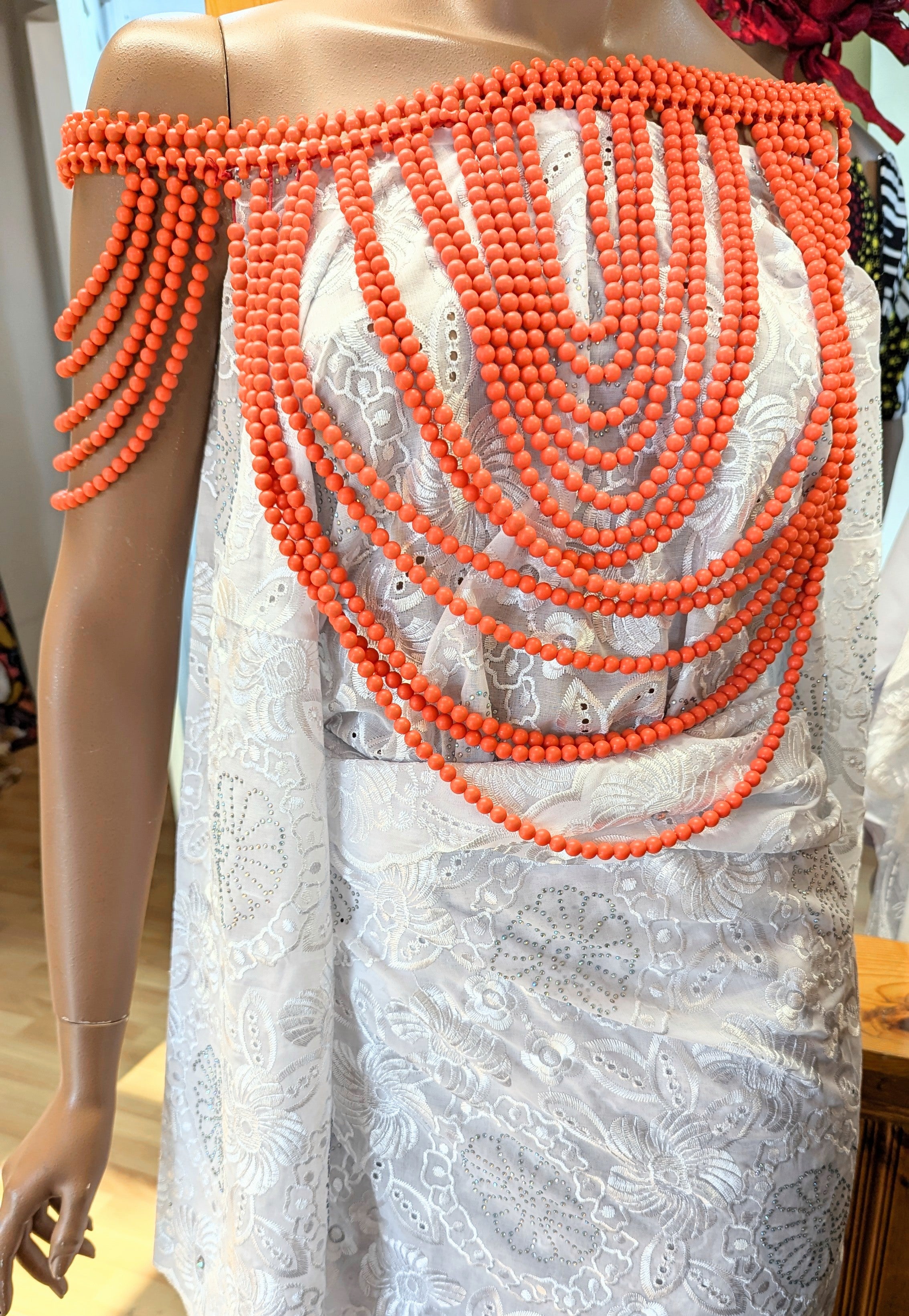 African Coral Red Igbo Edo Cape Shoulder Shrug Crop Top Blouse - Traditional Nigerian Igbo Edo Style Women's Fashion for Parties & Cultural Events
