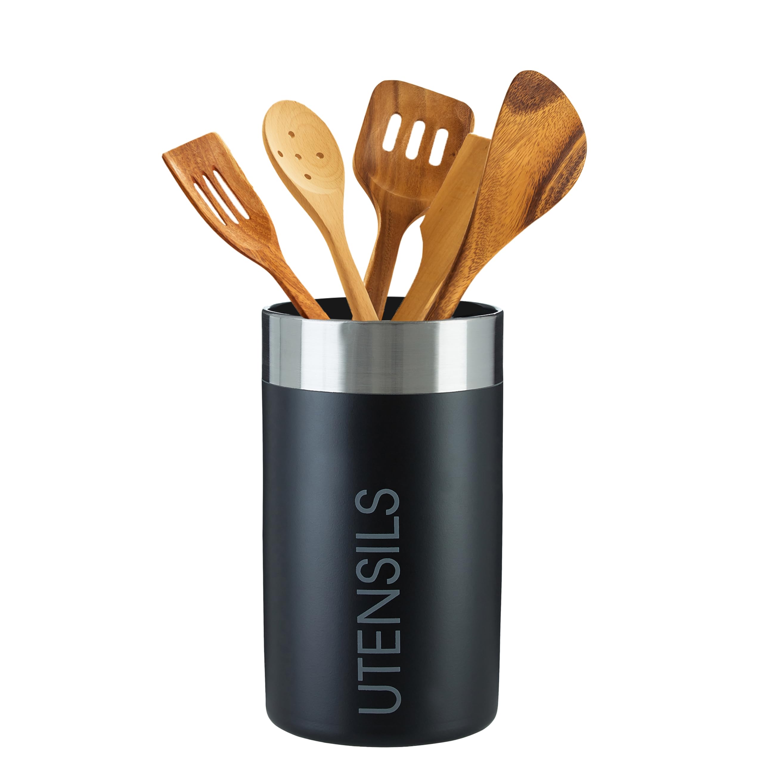 Premium Black Chrome Kitchen Utensil Holder & Organizer - Sturdy Cylindrical Cutlery Storage Container for Spoons, Forks & Cooking Tools - Perfect for Countertop, Drawer or Cabinet Organization