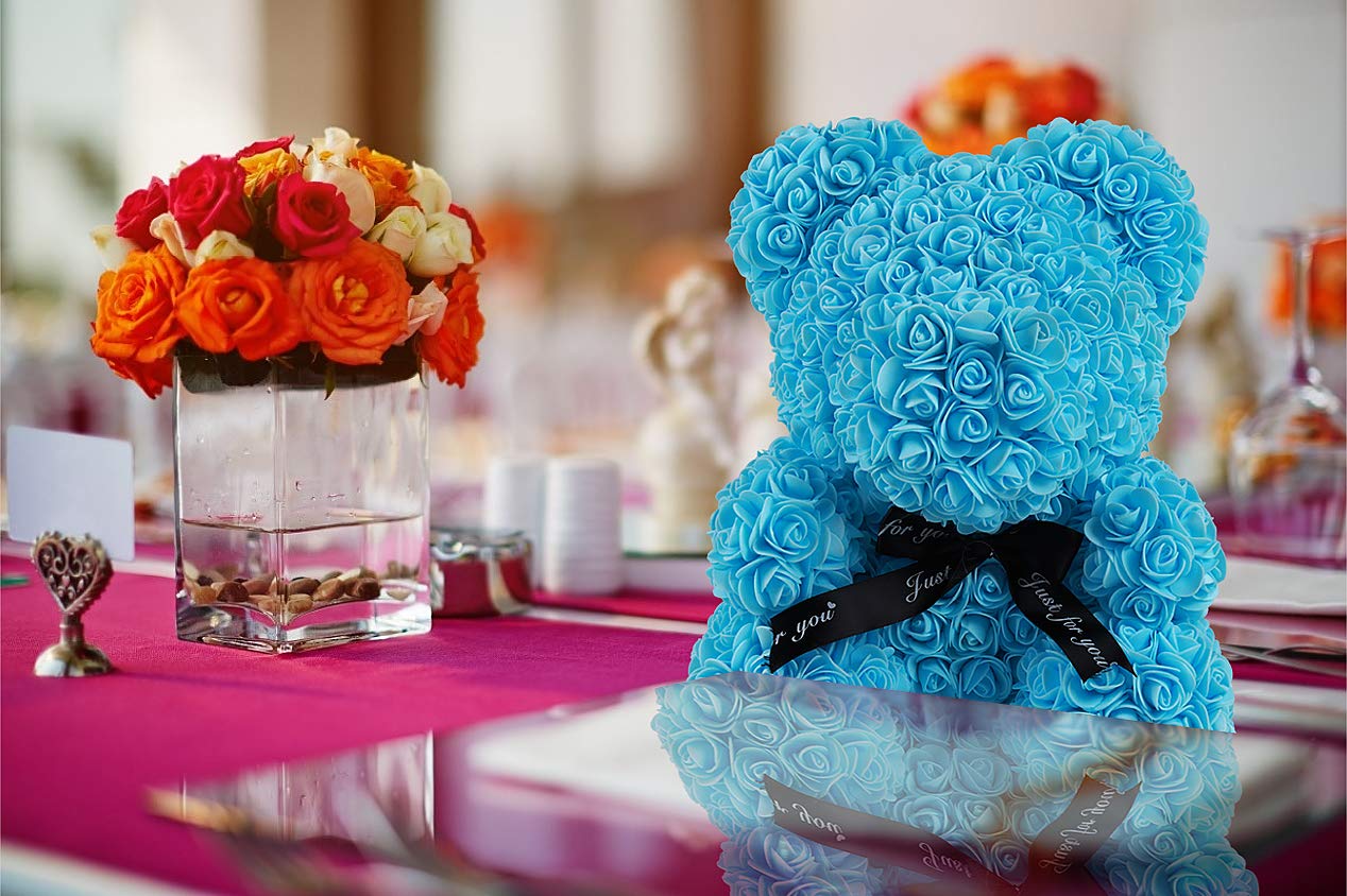 RECUTMS 10 Inch Artificial Rose Bear - Blue Rose Teddy Bear for Wedding, Party, Valentine's Day, Mother's Day, Anniversary & Birthday Gift - Romantic Home Decor & Special Occasion Present