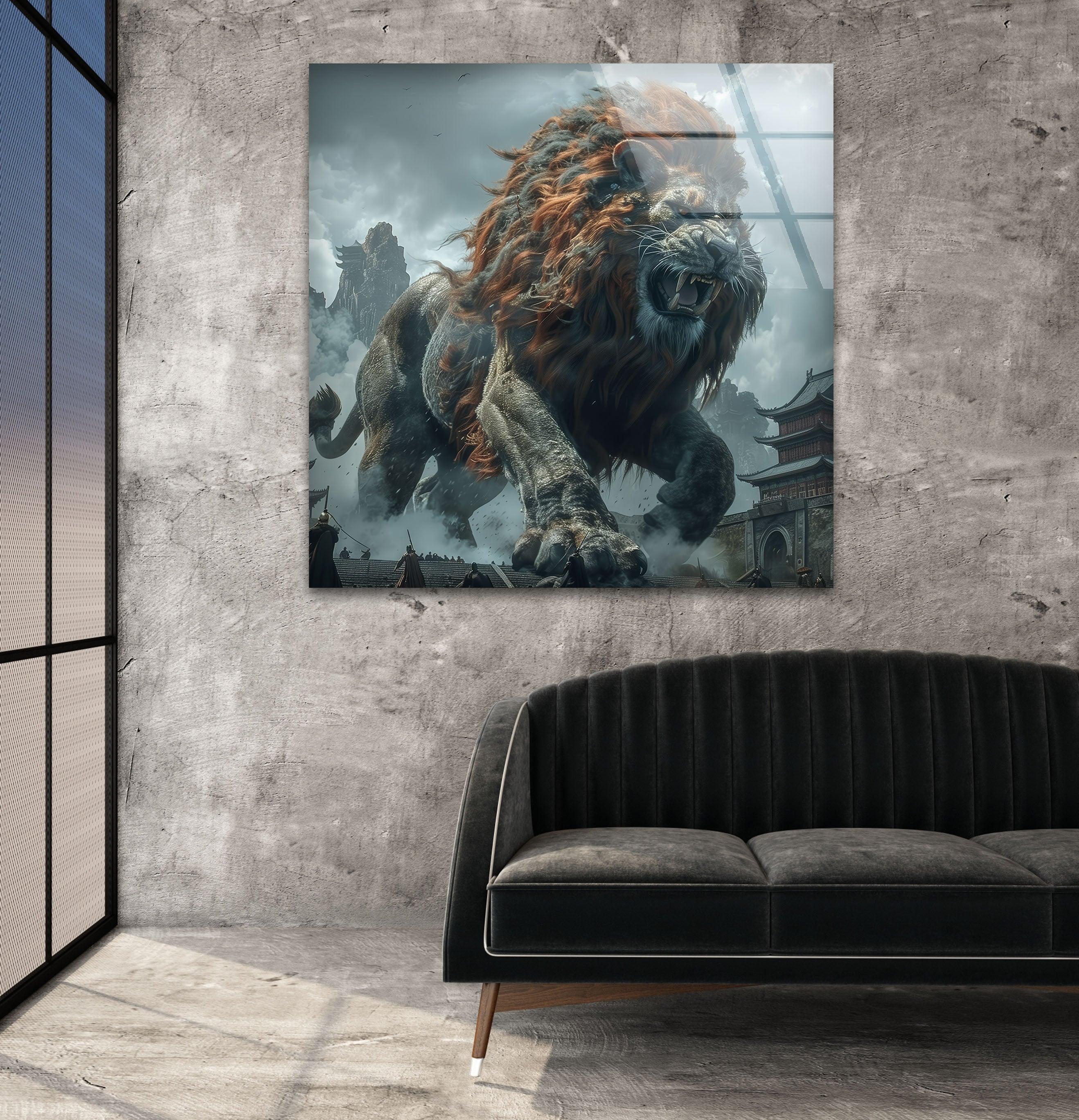 Chinese Lion Glass Wall Art - Handcrafted Feng Shui Decor for Home & Office - Perfect for Living Room, Bedroom, or Entryway Display