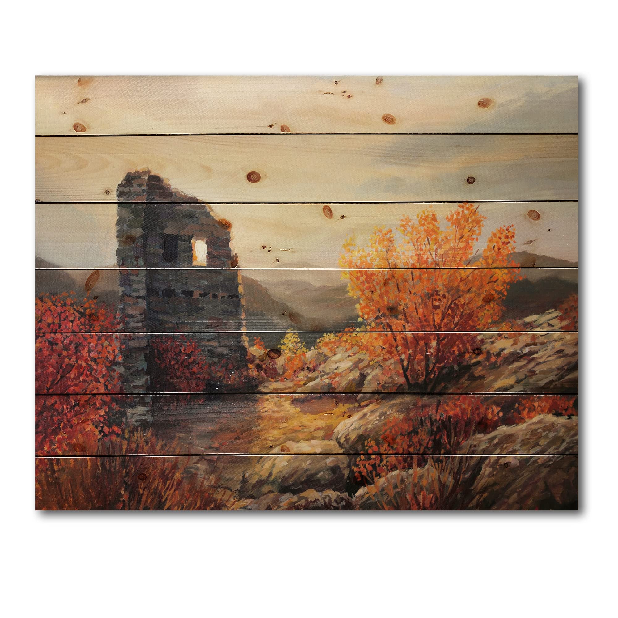 DesignQ Old Fortress Ruins Sunset Farmhouse Wood Wall Decor - Orange Landscape Wall Art - Large Pine Wood Wall Panels - Rustic Home & Office Decor for Living Room, Bedroom, Dining Room