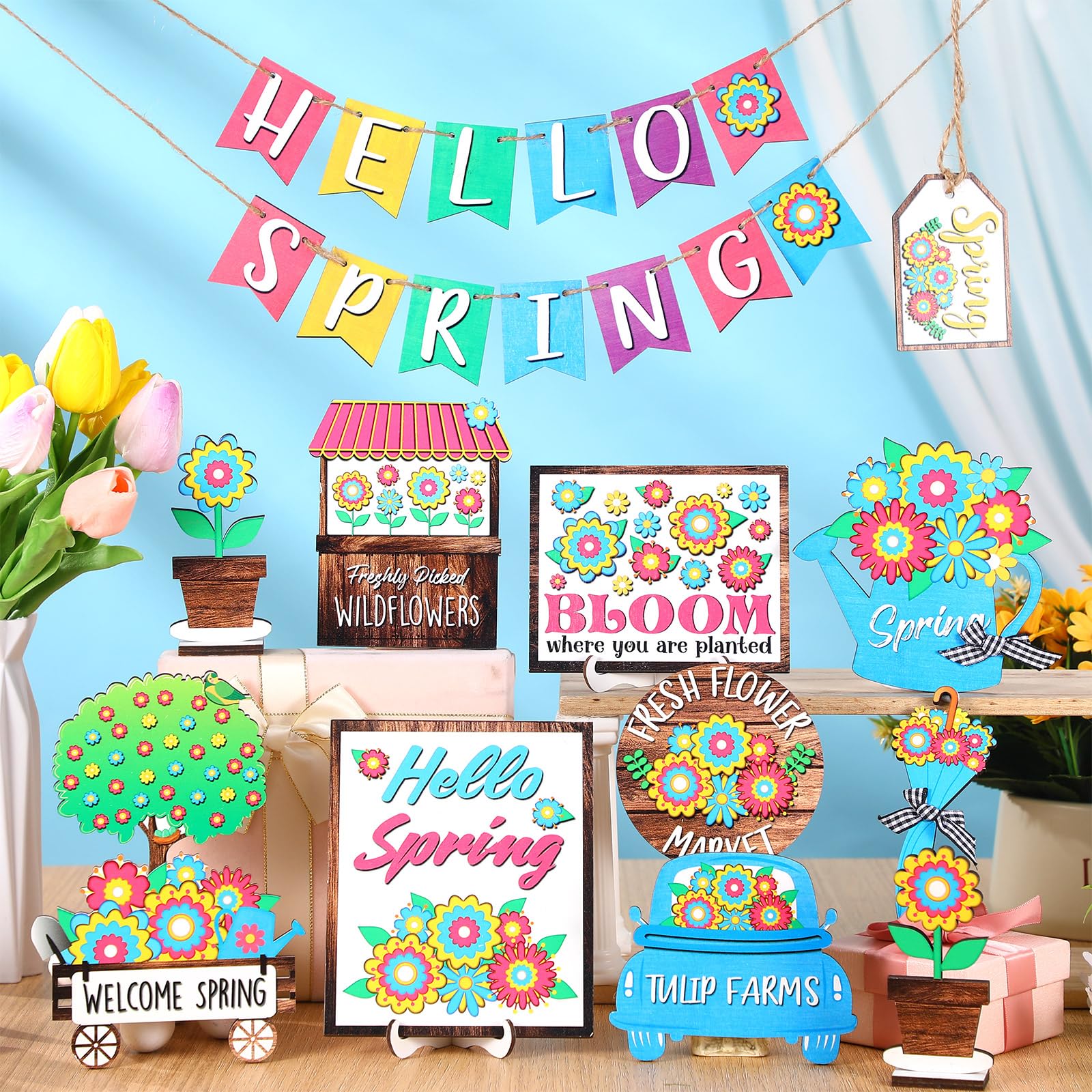 15 Pcs Farmhouse Daisy Wooden Tiered Tray Decor Set - Spring Floral Table Signs & Shelf Decorations for Home, Kitchen, Party - Perfect for Easter, Mother's Day & Farmhouse Style Decorating
