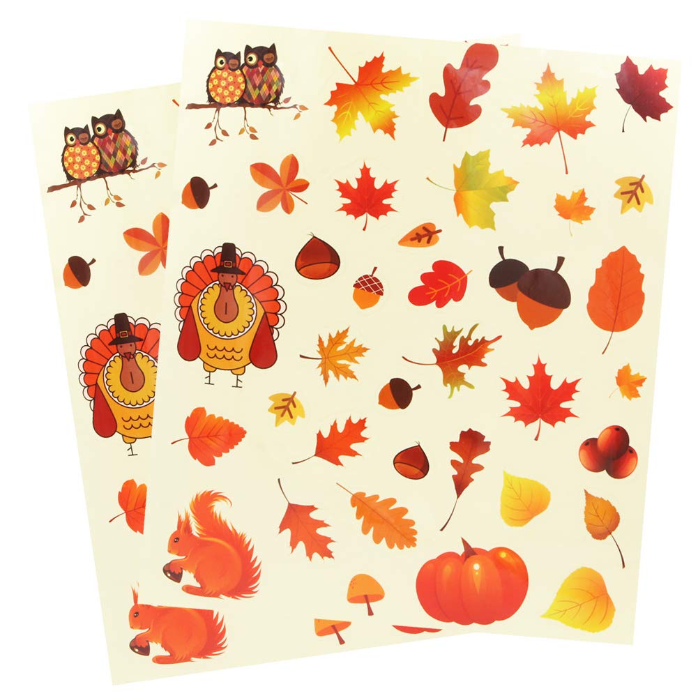 Set of 2 Fall Window Clings - Autumn Leaves, Acorns, Owls, Turkeys & Squirrels Decals for Thanksgiving Home Decor | Seasonal Window Stickers for Glass Doors, Windows & Office Decorations