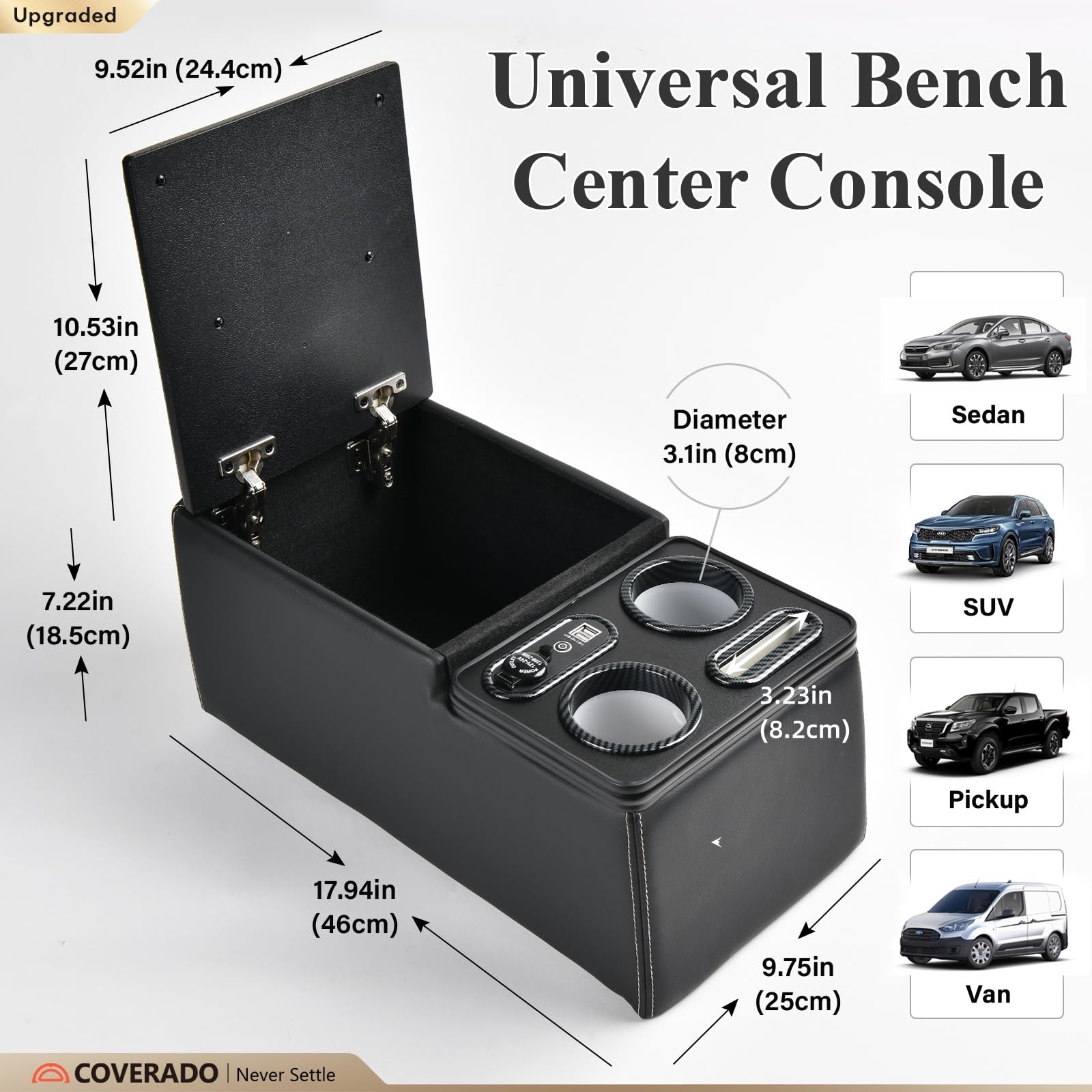 Universal Car Center Console Organizer - Rear Bench Seat Storage with Cup Holders & Phone Holder, Black Automotive Armrest Box for Cars, SUVs & Trucks - Perfect for Road Trips, Family Travel & Daily Commute