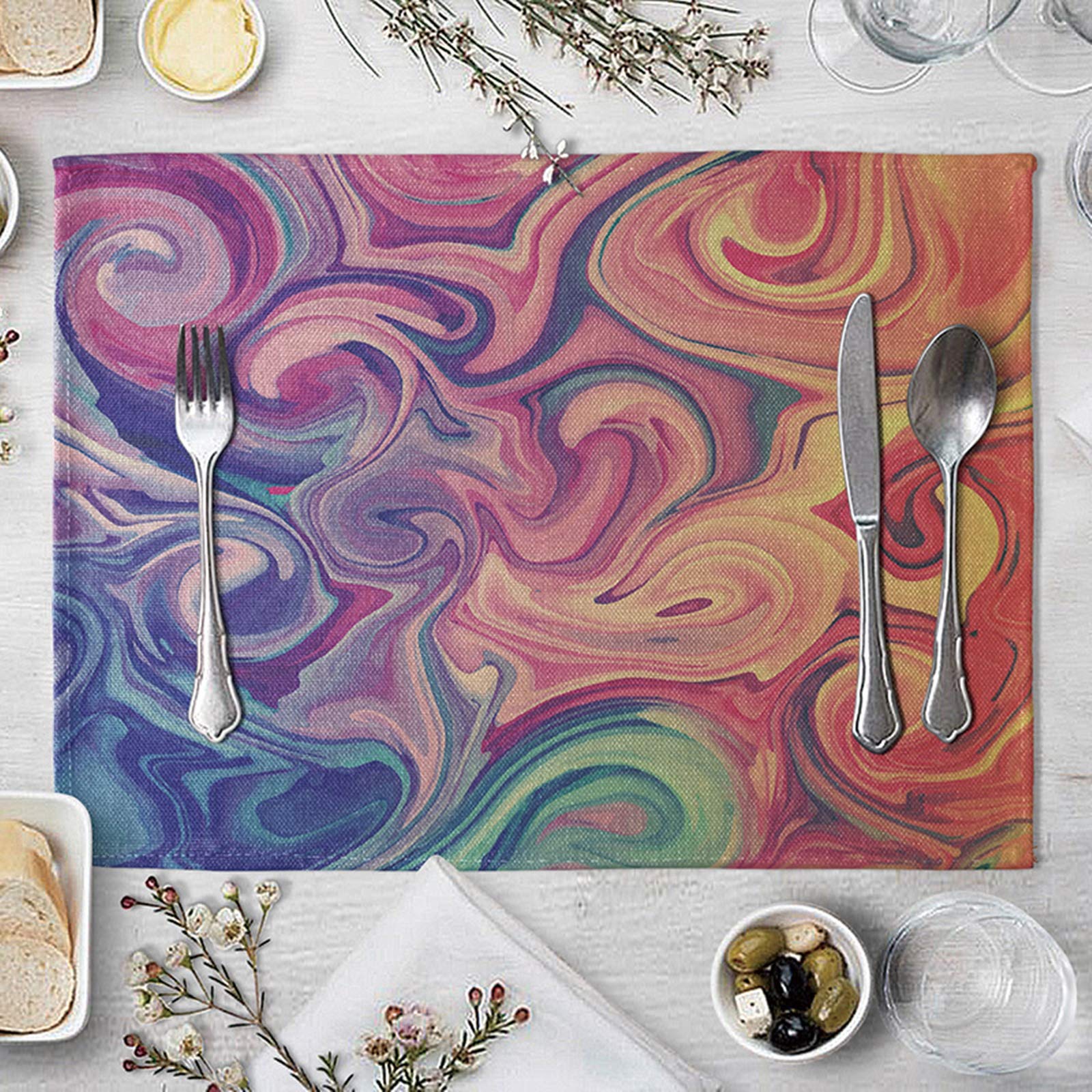 Daesar 4 Pack Linen Placemats - Oil Painting Stripes Pattern, Colorful Washable Table Mats 16x12 Inch for Dining Table, Kitchen, Party & Home Decor
