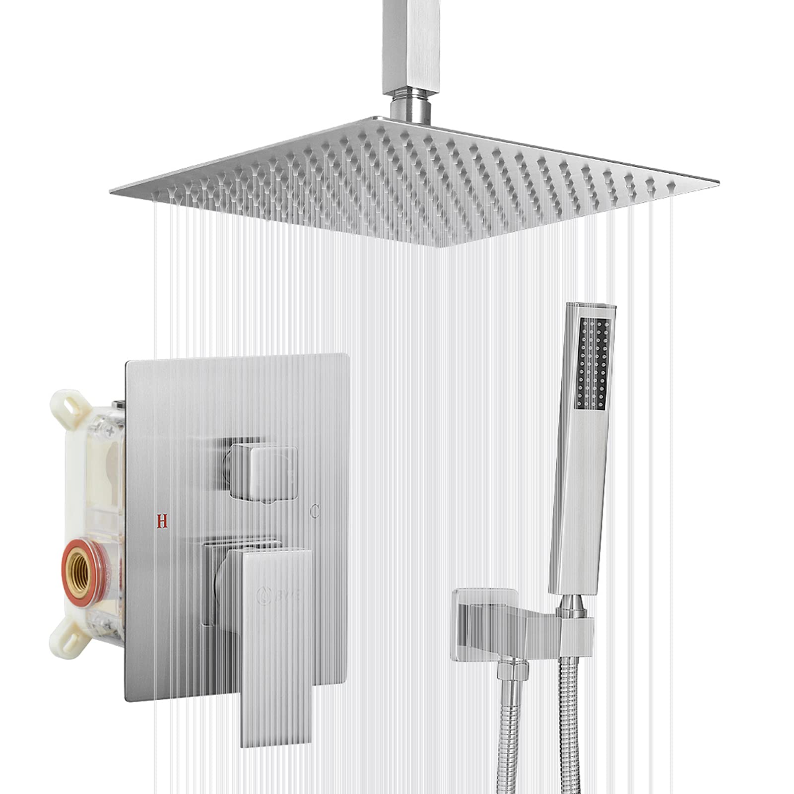 12 Inch Rainfall Shower Head with Handheld - Brushed Nickel Ceiling Mounted Shower System - Luxury Rain Mixer Combo Set with Rough-in Valve - Perfect for Modern Bathroom Renovation and Spa-like Shower Experience