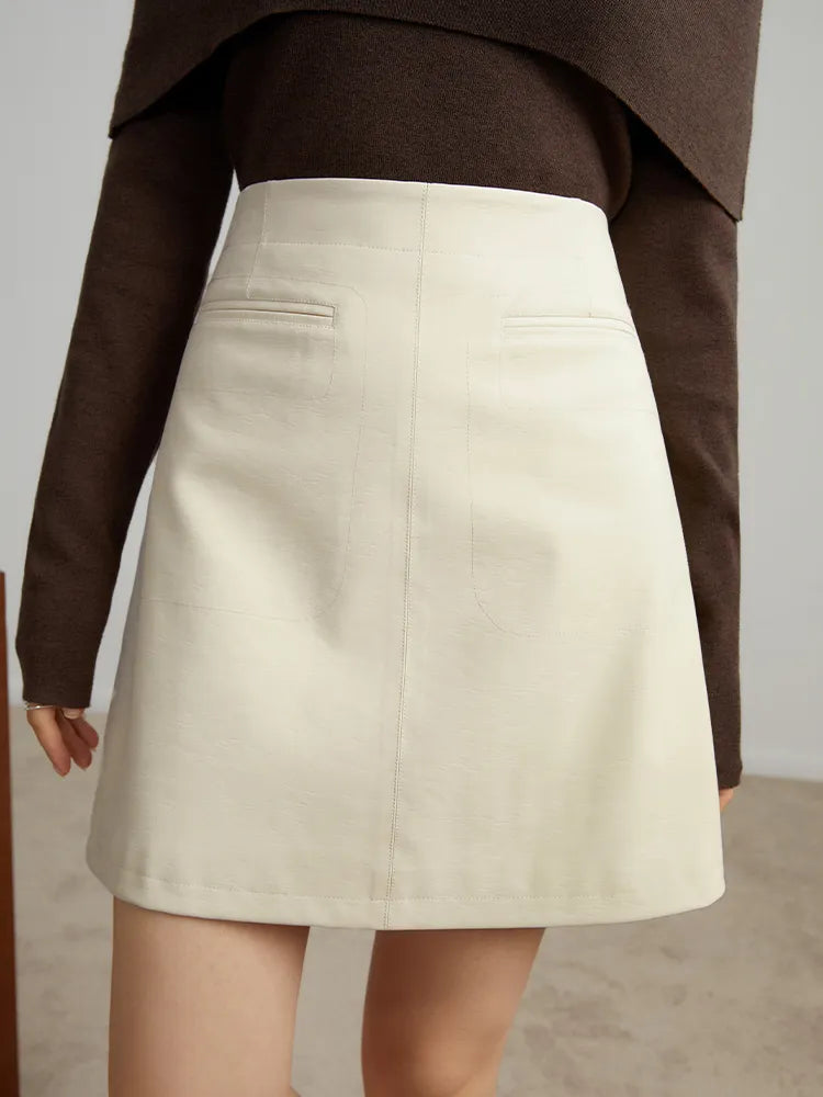 DUSHU High Waist A-Line PU Mini Skirt for Women - Brown Knee-Length Zipper Waist Skirt | 2024 Fall Fashion, Office Commute & Night Out Outfits