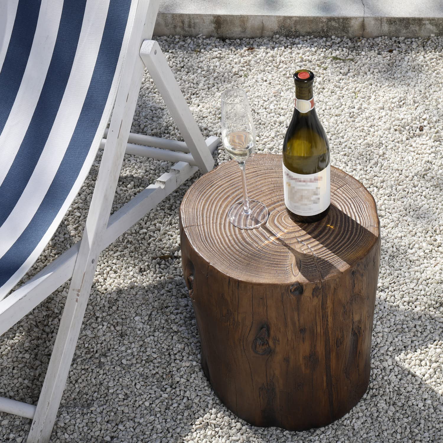 Stylish 2-Piece Walnut Faux Wood Outdoor End Table Set - Hand-Painted Wood Stump Stool, Ottoman & Plant Stand for Deck, Garden or Patio Decor | Perfect for Outdoor Entertaining & Relaxation