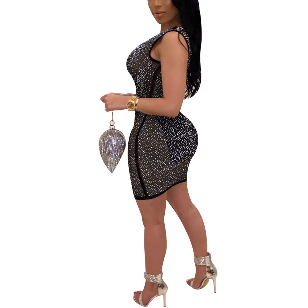 JUNBOON Women's Sheer Mesh Rhinestone Party Dress - Short Sleeve Glitter Bodycon Club Dress for Night Out, Cocktail Party & Special Occasions