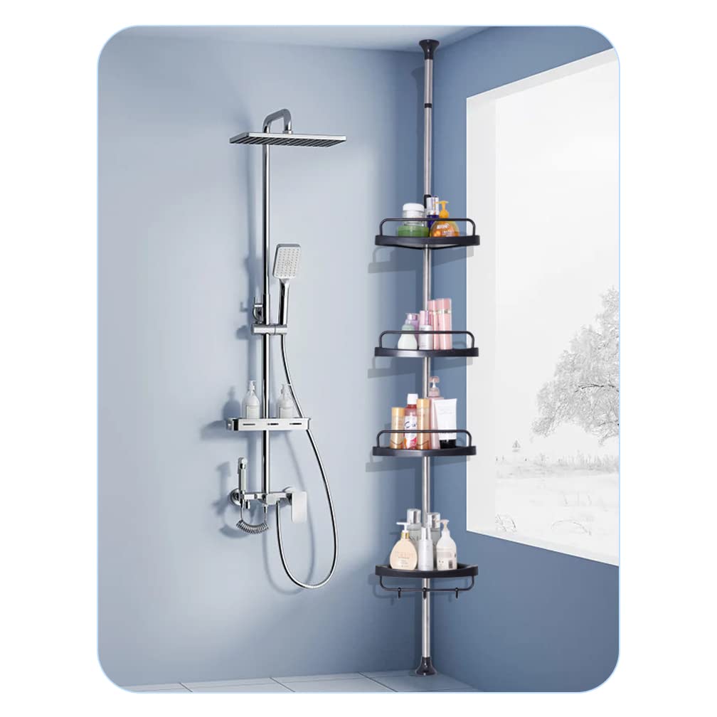 **Hershii Adjustable Shower Caddy Tension Pole - 72-122 Inch Black Bathroom Storage Organizer, Space-Saving Corner Shelf for Shampoo, Soap & Towels - Perfect for Small Bathrooms & Apartments**
