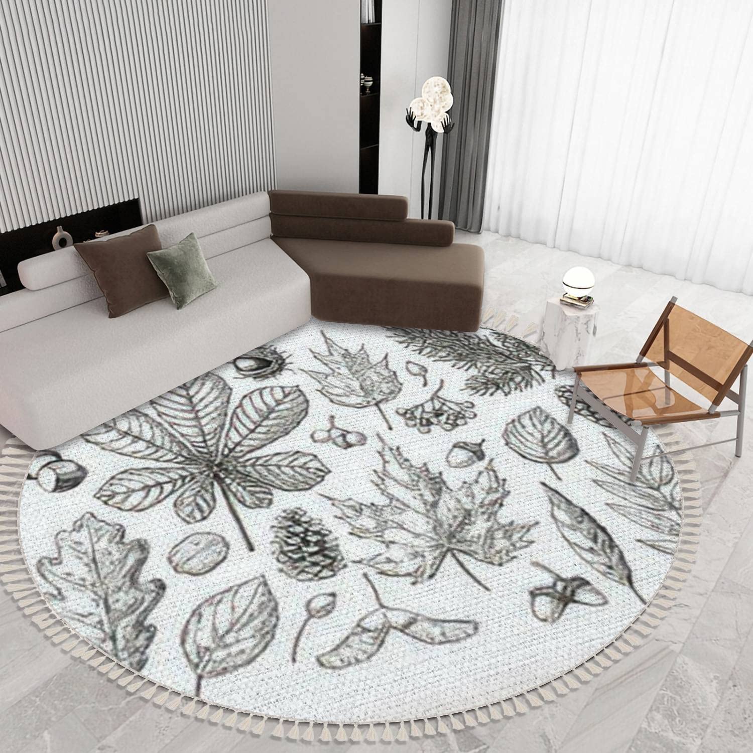Boho Round Fringe Shag Rug with Autumn Leaves, Berries, Pine Cones & Acorns - 6 ft Soft Circle Area Carpet for Nursery, Playroom, Living Room Decor | Perfect for Kids Bedroom, Dorm & Cozy Home Aesthetics