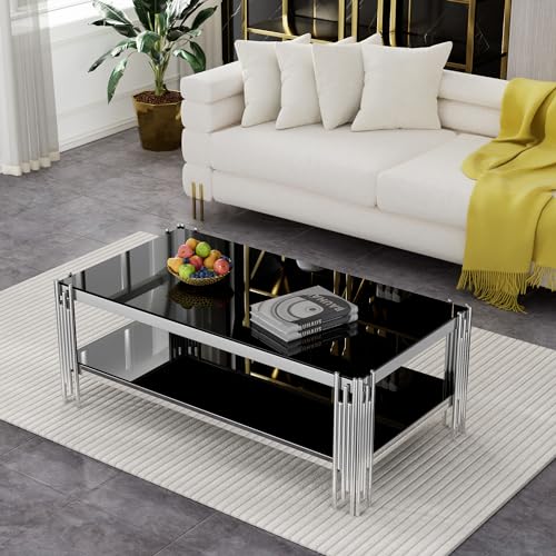 Silver Coffee Table (Black Glass Top)