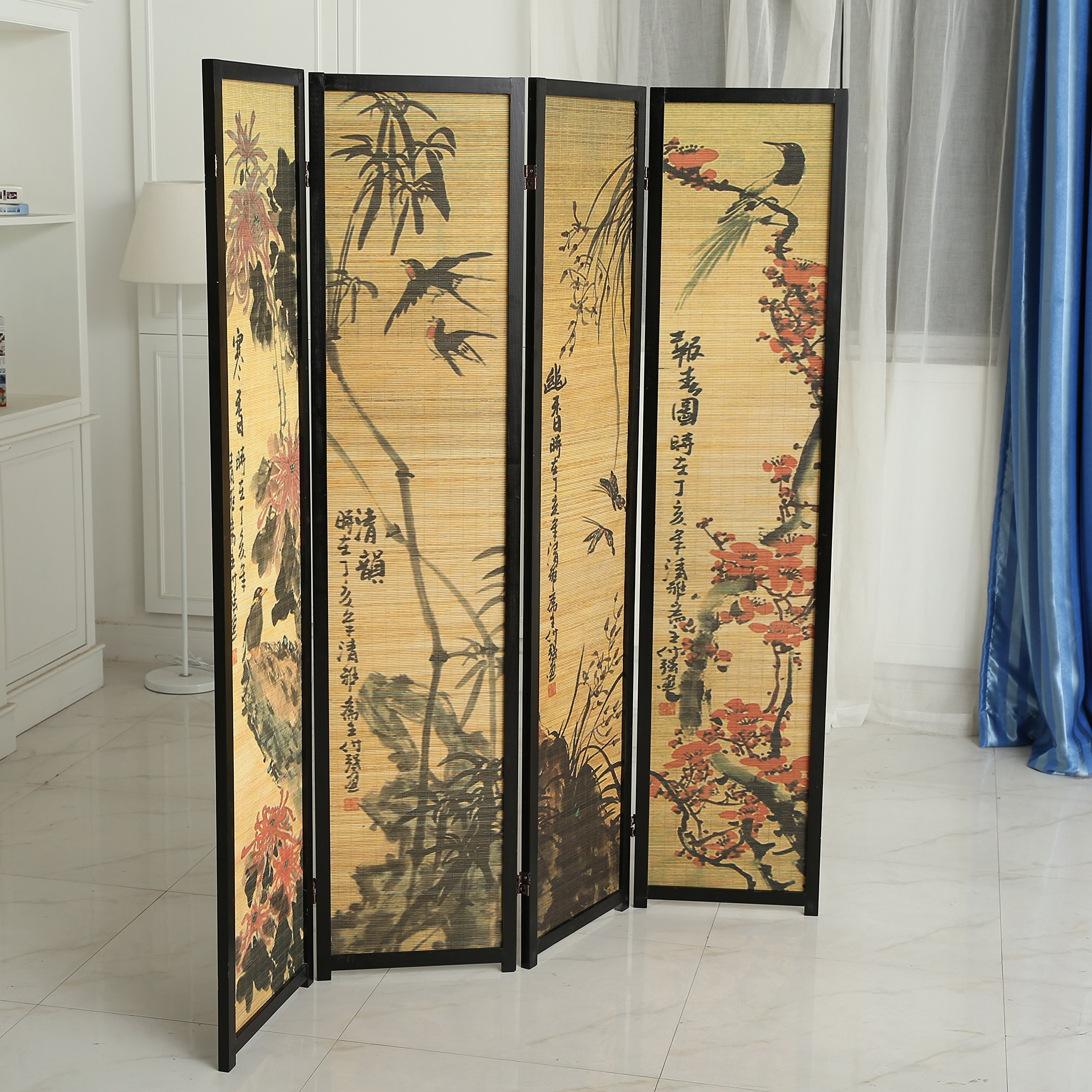 MyGift 4 Panel Bamboo Room Divider with Chinese Calligraphy Design - Freestanding Folding Screen with Black Wood Frame for Home, Office & Event Decor | Perfect for Privacy, Partition & Asian-Inspired Interior Design