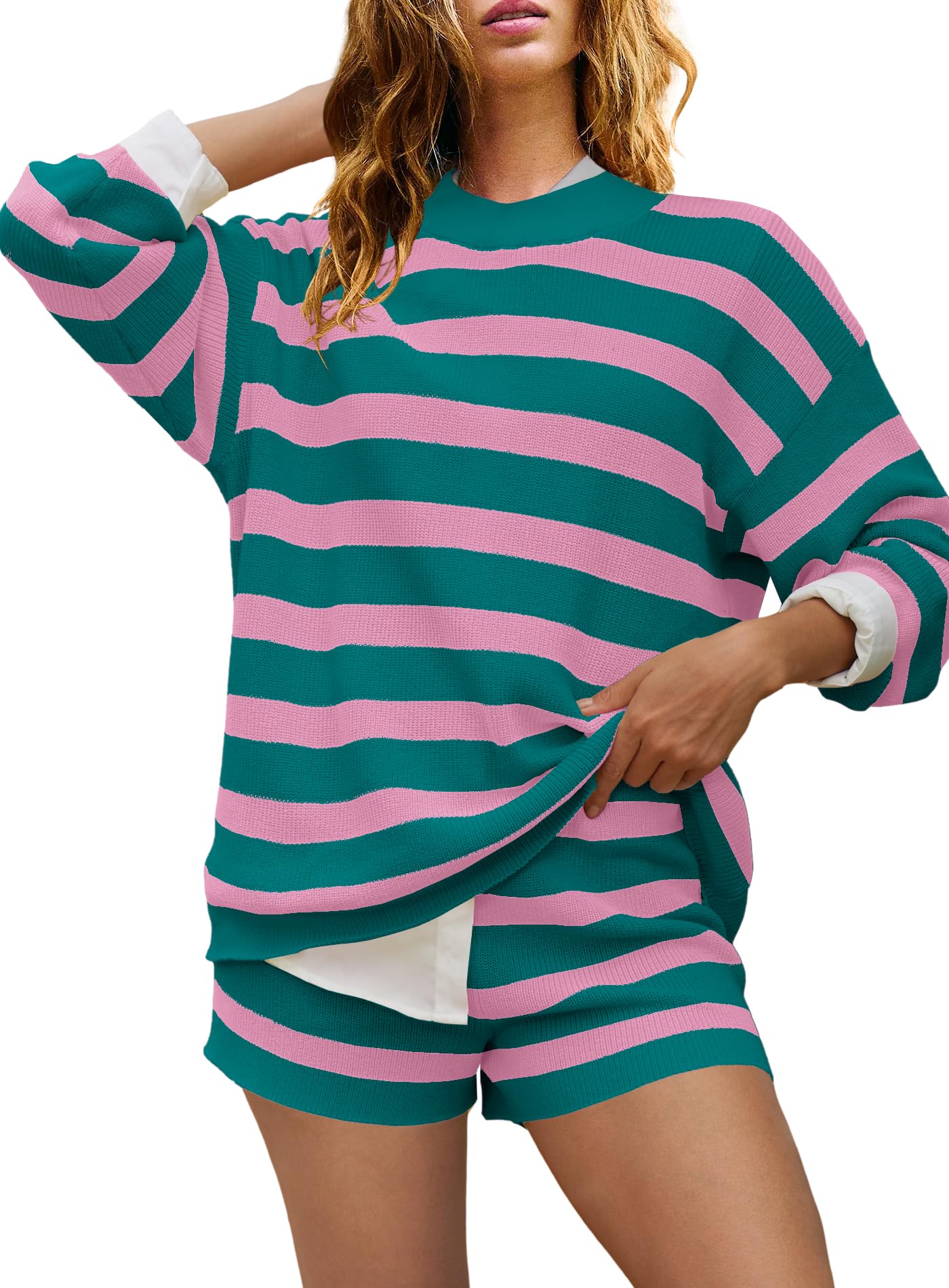 Yanekop Women's Striped Sweater & Shorts Lounge Set - Oversized 2-Piece Pajama Set with Long Sleeve Tunic | Cozy Loungewear for Home, Sleep & Relaxation
