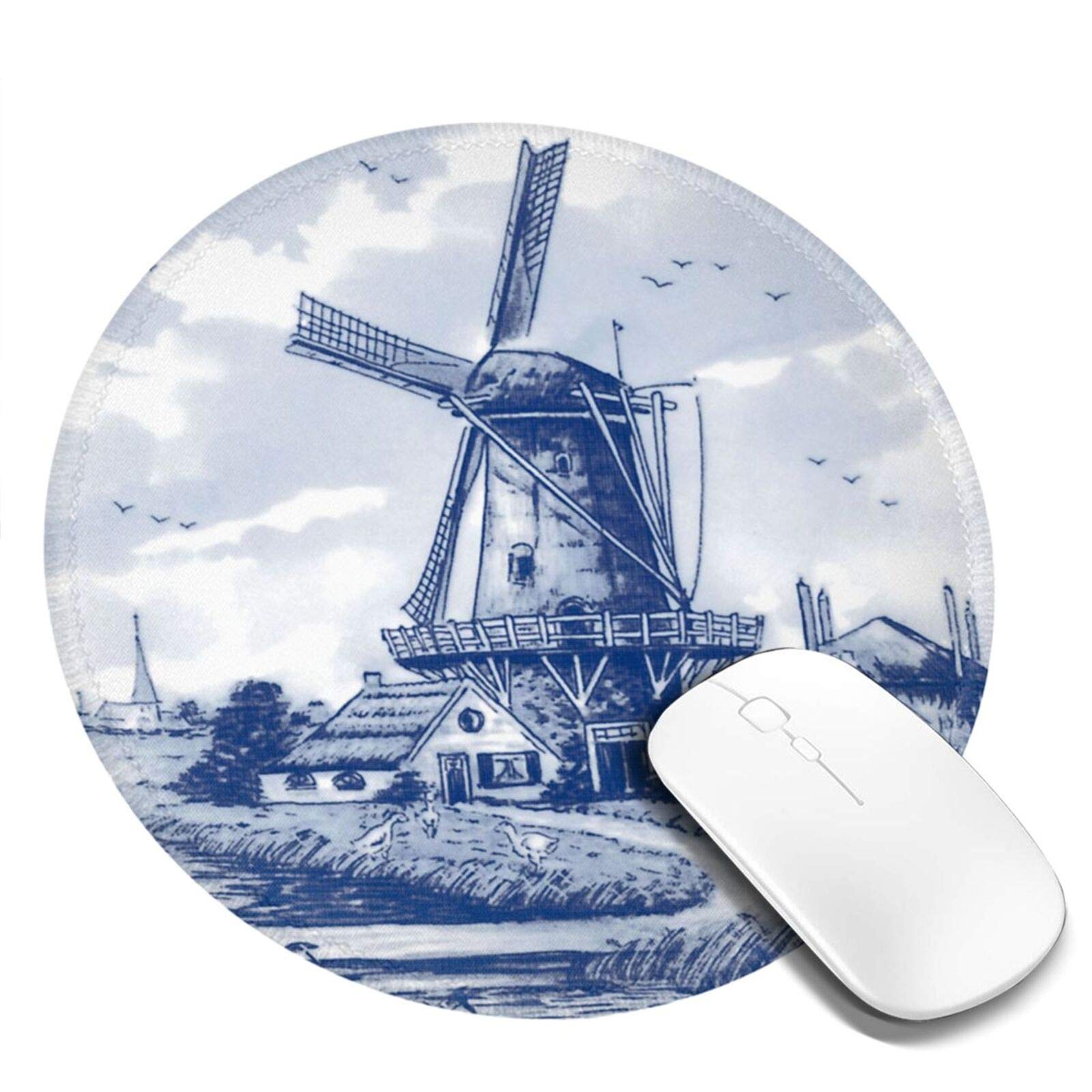 Vintage Dutch Windmill Delft Blue Mouse Pad - Non-Slip, Washable Rubber Round Mouse Mat for Computer, Laptop, Office & Gaming (1PC) - Perfect for Home, Work & Gaming Setups
