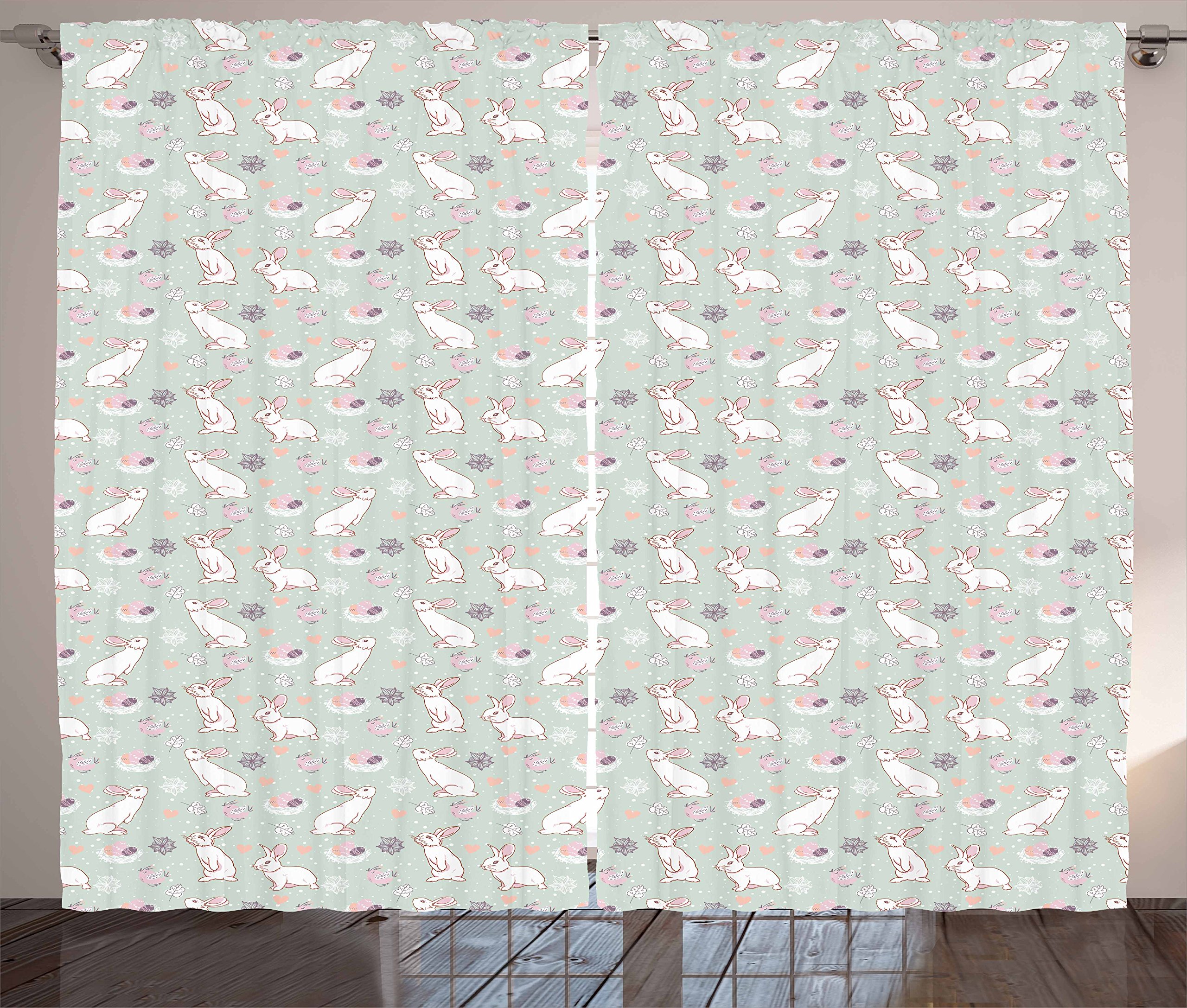 Ambesonne Easter Curtains - Pastel Floral Rabbit Design with Eggs & Hearts, 2 Panel Window Drapes 108