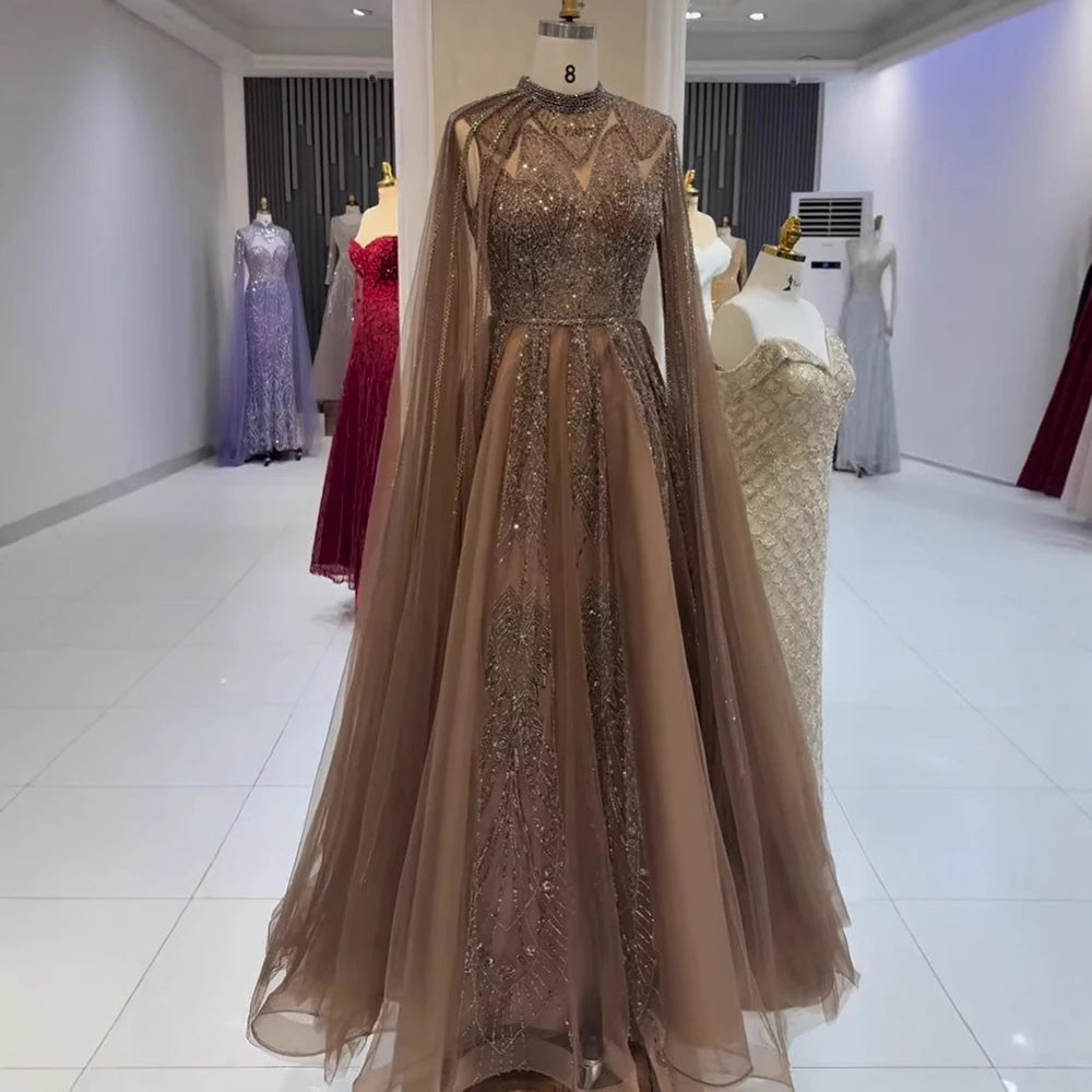 Luxury Brown Beaded Evening Gown with Cape - Arabic Style Formal Dress LA72951 for Wedding, Gala & Special Occasions