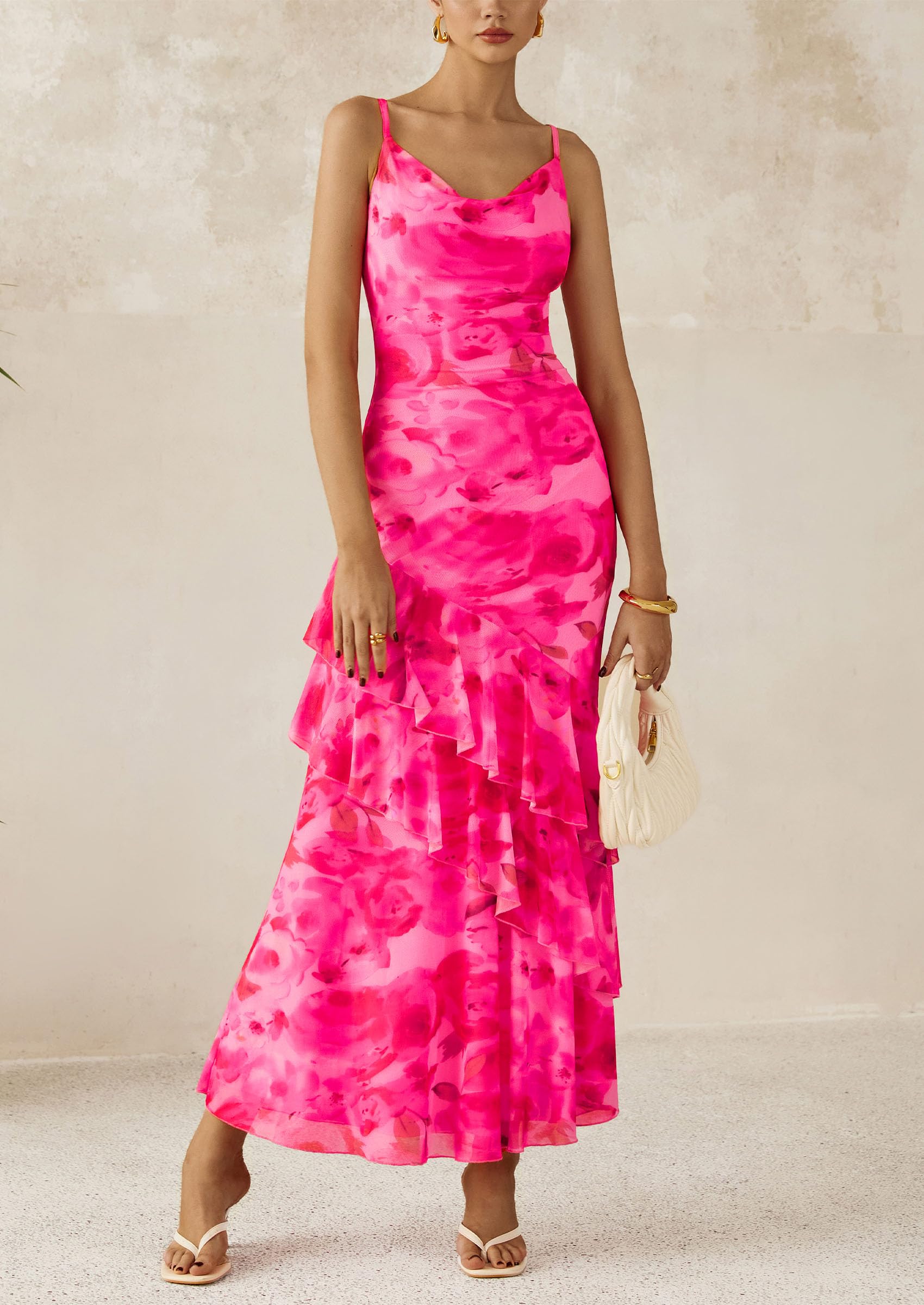 PRETTYGARDEN Women's Summer Maxi Dress 2025 - Floral Tiered Beach Sundress with Spaghetti Straps, Wedding Guest Long Dress for Vacations, Parties & Outdoor Events