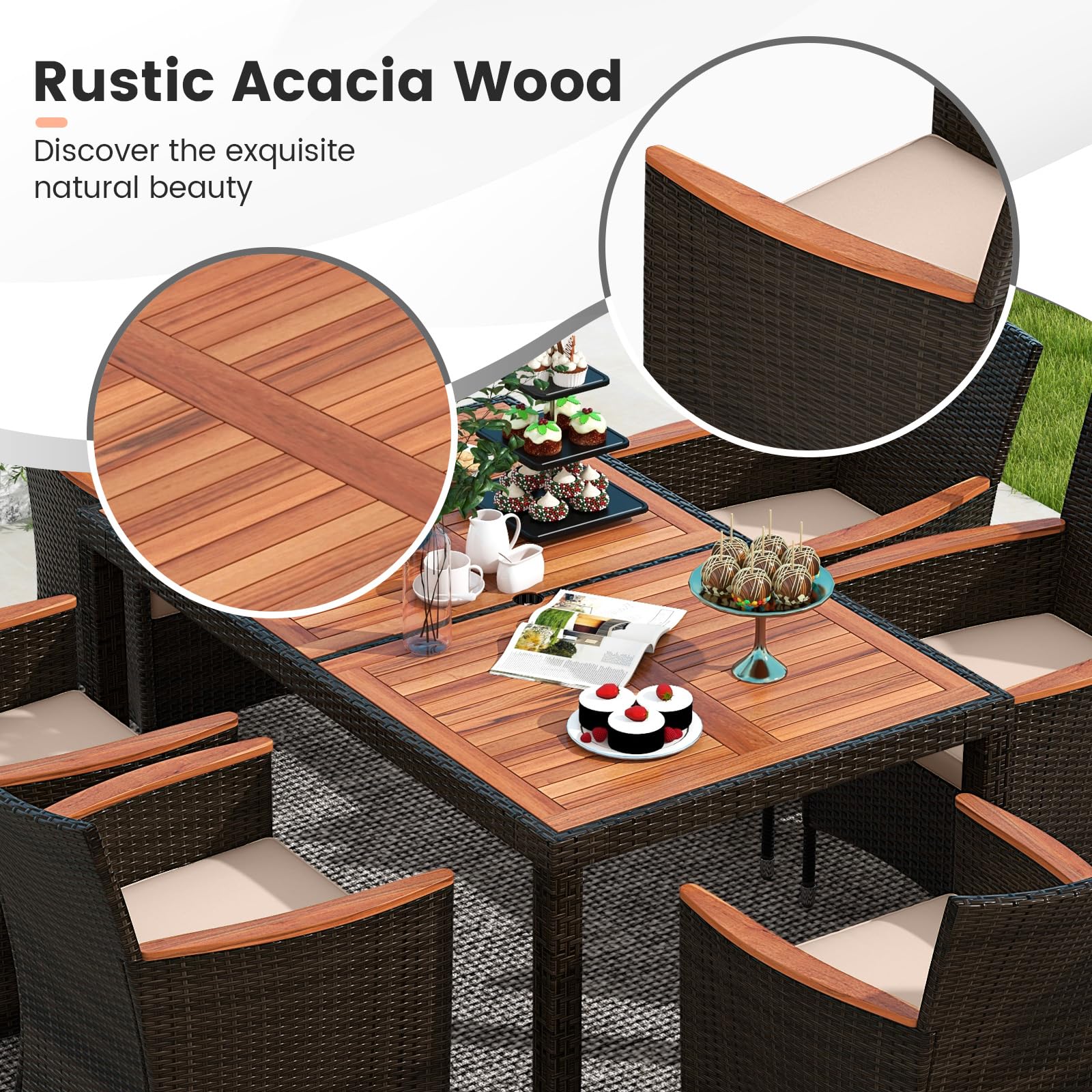 Tangkula 7-Piece Outdoor Wicker Dining Set with Acacia Wood Table & 6 Stackable Chairs - Patio Furniture with 1.96