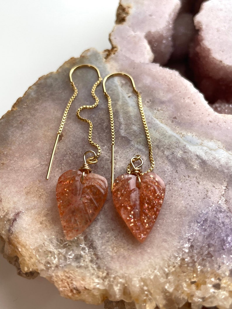 Orange Sunstone Gold Filled Statement Crystal Gemstone Threader Earrings for Women - Elegant Boho Chic Jewelry for Party, Wedding & Everyday Wear
