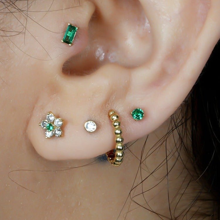 14K Solid Yellow Gold Emerald Cartilage Flat Back Stud Earrings - Perfect for Everyday Wear, Gifts & Special Occasions
