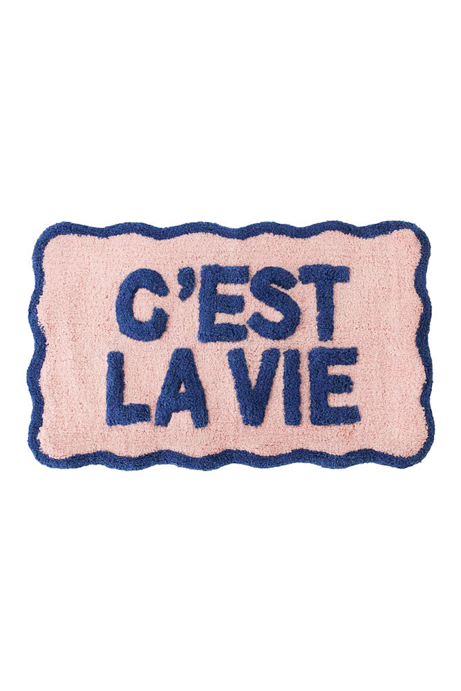 Navy & Pale Pink C'est La Vie Bath Mat - Soft Absorbent Non-Slip Bathroom Rug for Shower, Tub, and Vanity Area - Perfect for Modern and Cozy Home Decor