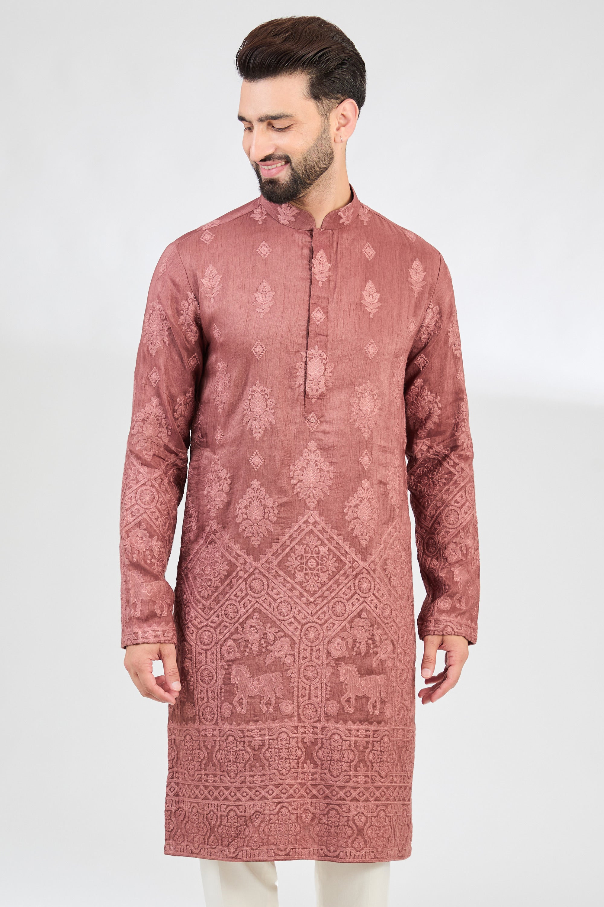 Elegant Mauve Taupe Chikankari Kurta with Intricate Horse Motifs - Perfect for Festivals, Weddings, and Ethnic Fashion