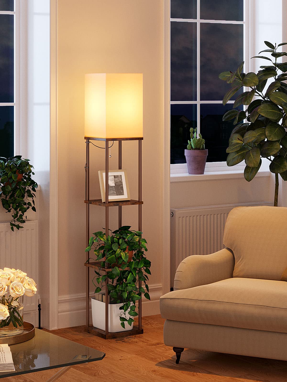 Addlon 4-Tier Modern Shelf Floor Lamp with 3CCT LED Bulb - Adjustable Brightness, Brown Wooden Display Lamp for Living Room, Bedroom, Office - Perfect for Reading, Decor & Space Saving Storage