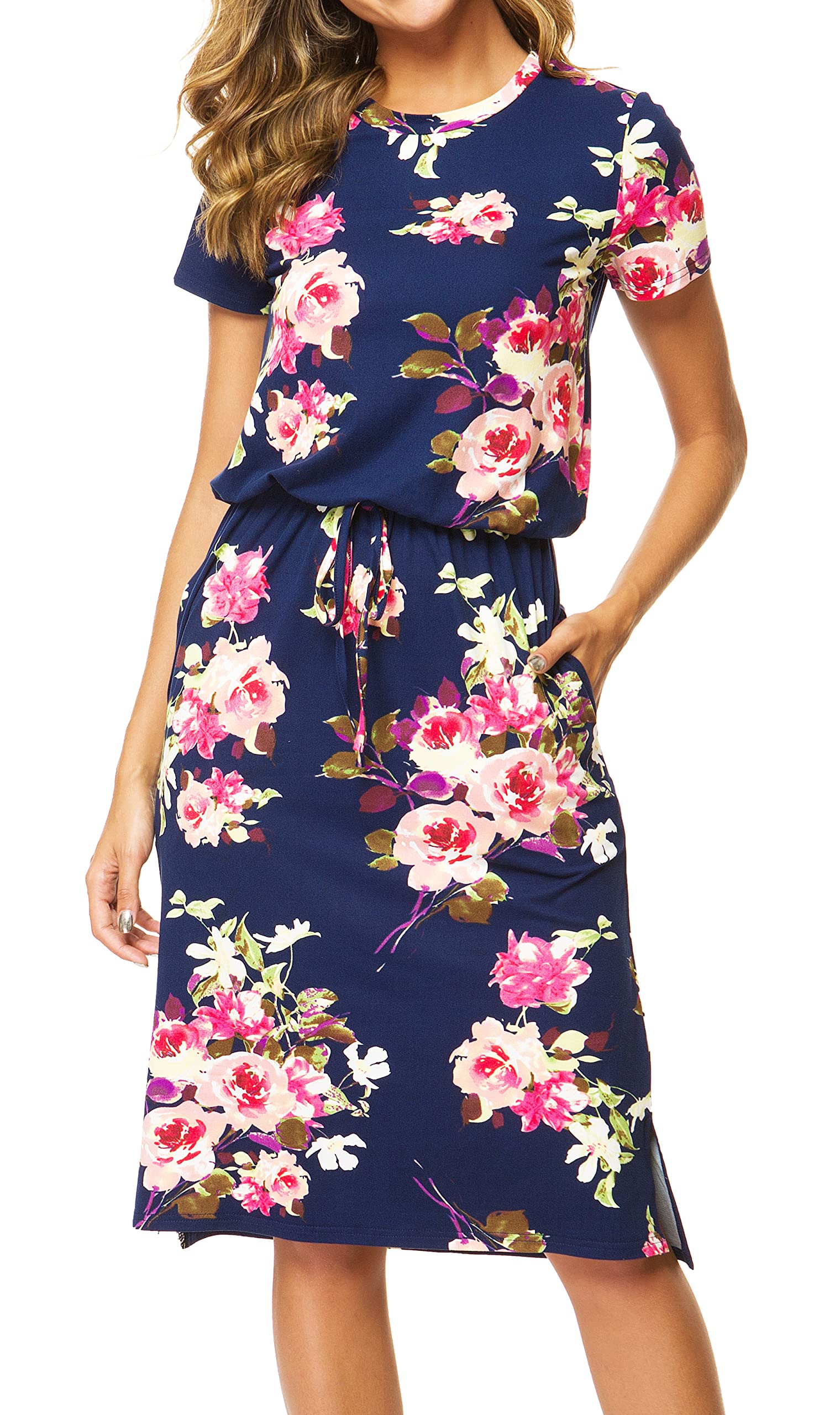 Women's Summer Travel Dress with Pockets - Knee Length Midi Dress for Work, Casual & Teacher Outfits | Short Sleeve Hide Belly Dress for Spring 2025 | Perfect for Office, Vacation & Everyday Wear