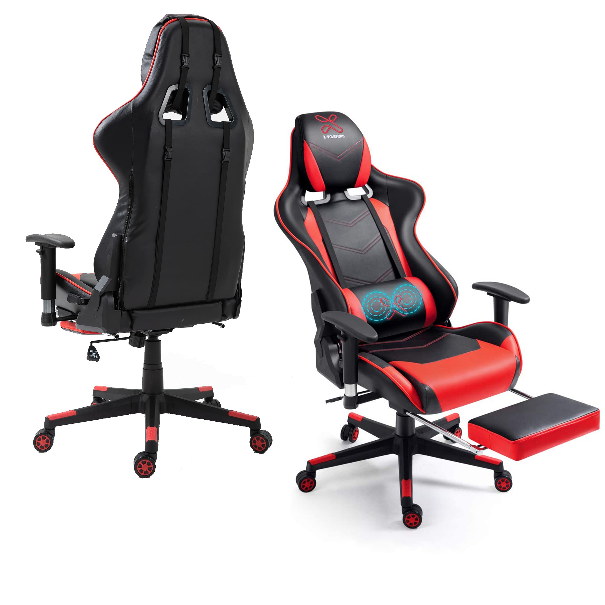 Premium Ergonomic Gaming Chair with Massage & Footrest - Adjustable Swivel Recliner Computer Chair with Lumbar Support for PC/Office/Esports - Racing Style Gamer Chair for Adults (Red) - Perfect for Long Gaming Sessions, Home Office Work & Streaming Setup