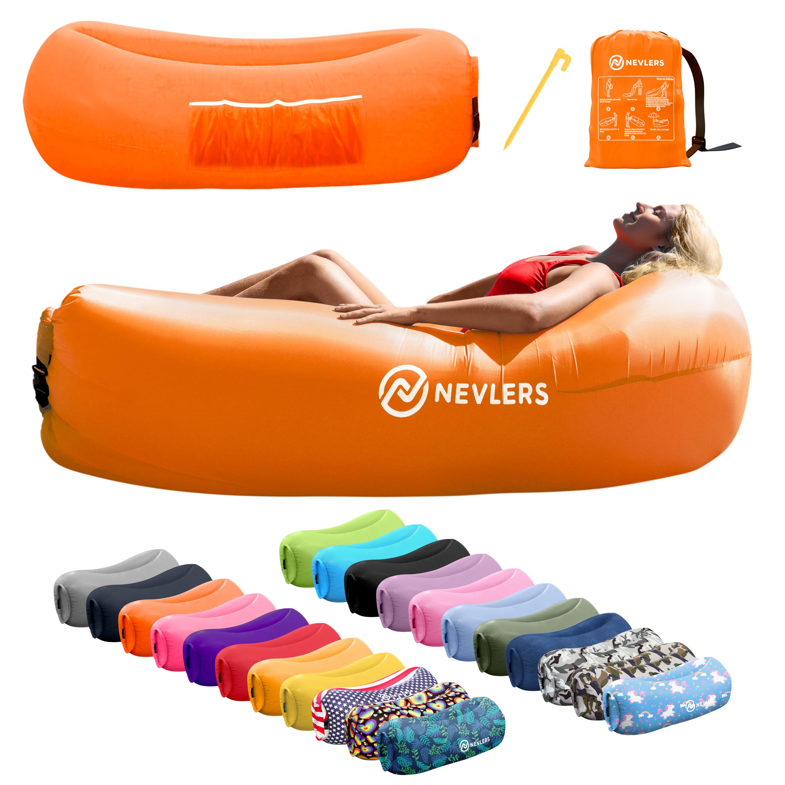 Nevlers Inflatable Lounger - 210T Polyester Portable Air Sofa Bed with 450 lbs Capacity, No Pump Needed, Built-in Pockets & Carry Bag - Perfect for Camping, Beach, Poolside, Backyard & Indoor Use - Comfortable Inflatable Couch for Adults and Kids
