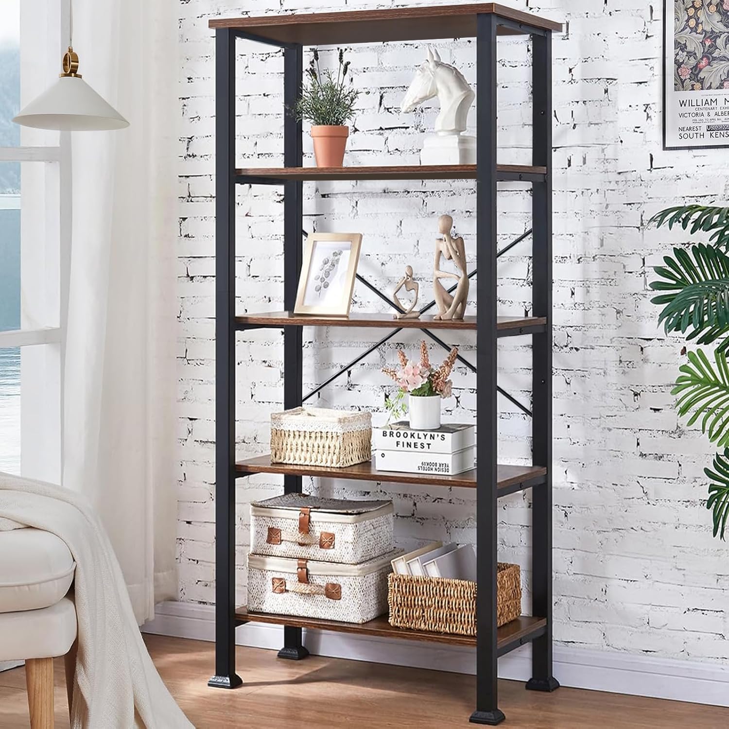 HOMBAZAAR 5 Tier Bookshelf - Rustic Brown Industrial Bookcase with Engineered Wood & Metal Frame, Tall Storage Shelf for Living Room, Office, Bedroom & Kitchen - Perfect for Organizing Books, Decor & Kitchen Supplies