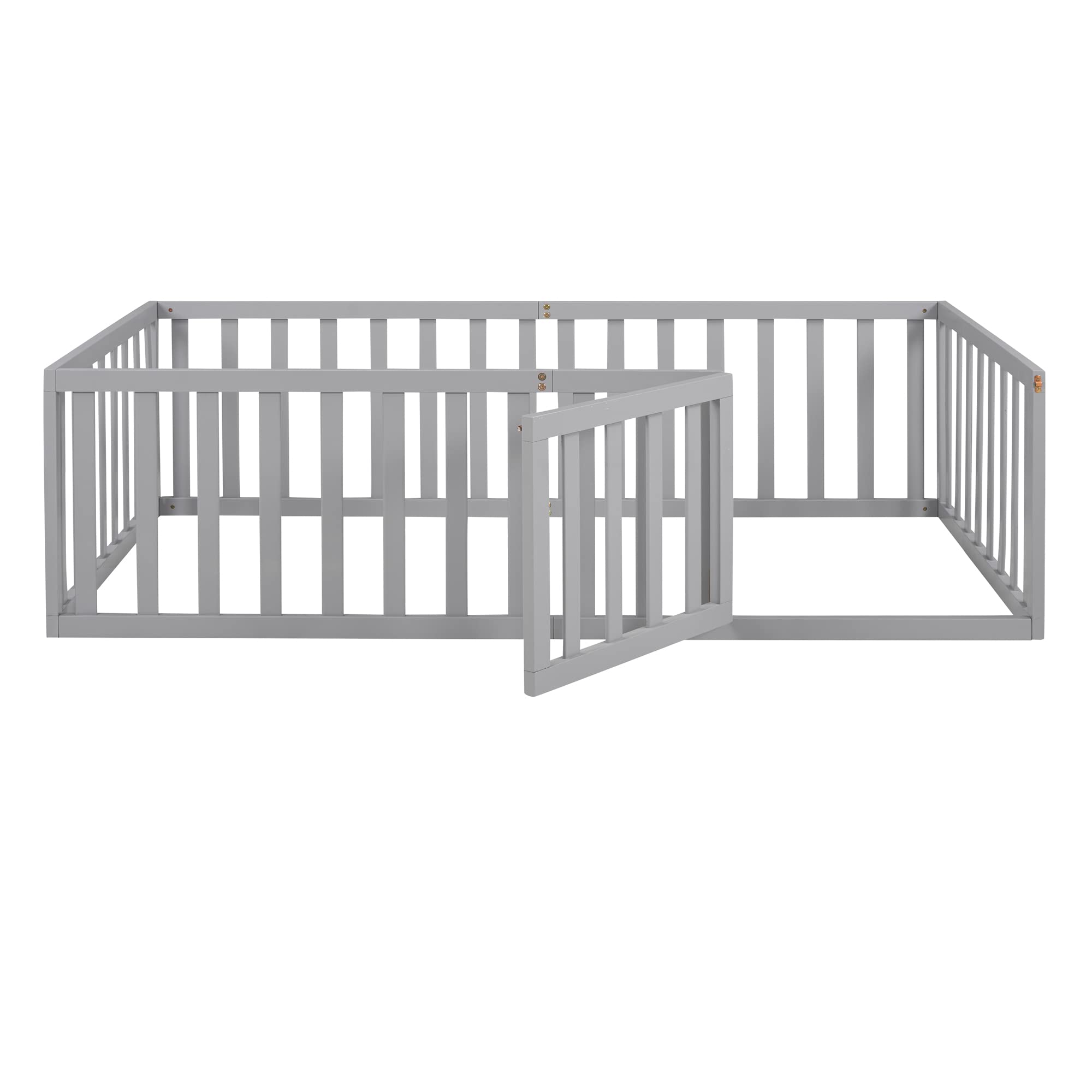 Montessori Twin Floor Bed with Safety Rails & Door - Wooden Low Profile Bed Frame for Kids, Girls & Boys - Grey - Perfect for Toddler Rooms, Daycare & Montessori Classrooms