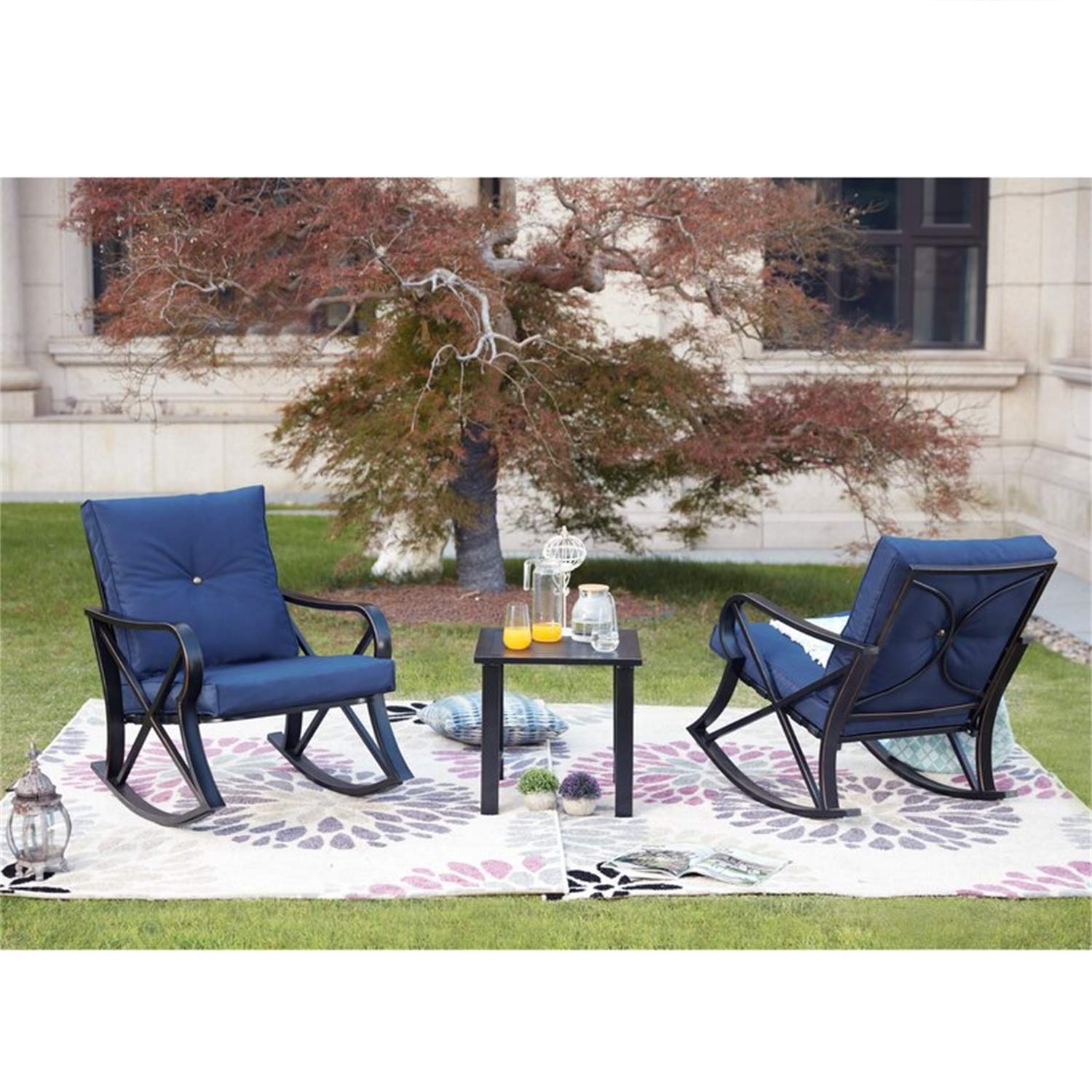 **Outdoor Rocking Chair Set with Coffee Table & Cushions - 3-Piece Patio Furniture for Backyard, Porch, Poolside - Durable Metal Bistro Set (Blue) - Perfect for Relaxing, Lounging & Entertaining**