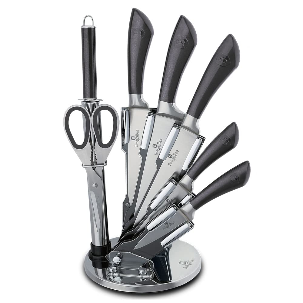 8-Piece Premium Knife Set with Acrylic Stand - Carbon Collection Grey Stainless Steel Ergonomic Handles - Perfect for Home Kitchen, Professional Chefs & Cooking Enthusiasts