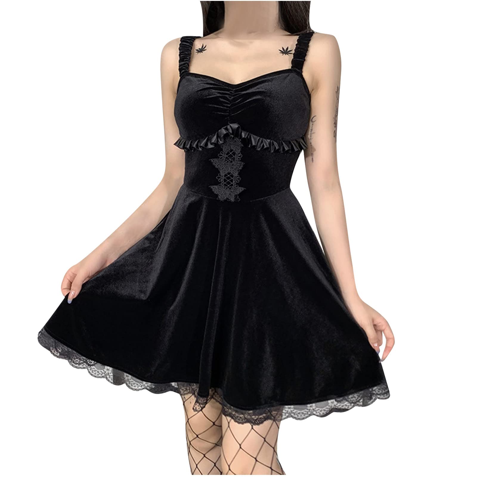 Gothic Lace Suede Butterfly Dress for Women - Off Shoulder Sleeveless High Waist Mini Swing Slip Dress | Perfect for Halloween, Cosplay, Gothic Parties & Nightclub Outfits