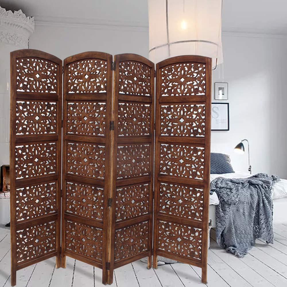 Handmade Foldable 4-Panel Wooden Room Divider Screen - Brown Wood Partition for Home Office, Living Room & Bedroom Privacy | TUP The Urban Port 148948
