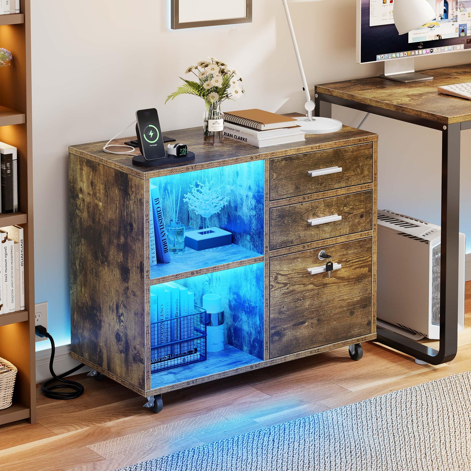 YITAHOME 3-Drawer Wooden File Cabinet with Wheels - Mobile Lateral Storage Cabinet, Printer Stand with Built-in Charging Station & LED Light - Home Office Organization Furniture (Brown) | Perfect for Document Storage, Workspace Organization & Home Office Decor