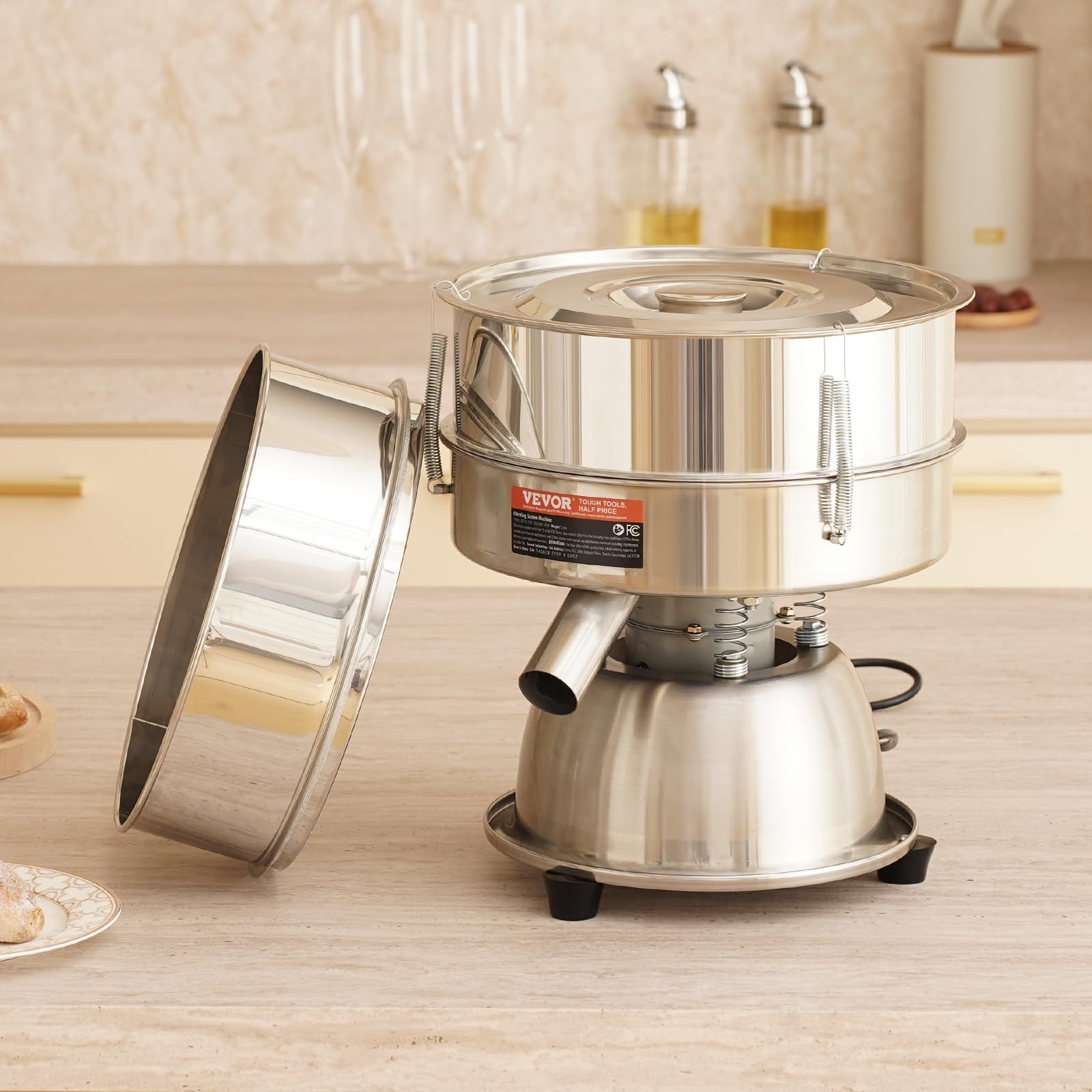 VEVOR Automatic Electric Vibrating Sieve Machine - 45W Stainless Steel Sifter Shaker with 30+50 Mesh for Flour, Powder, Rice, Mungbean - Perfect for Baking, Cooking, and Food Processing
