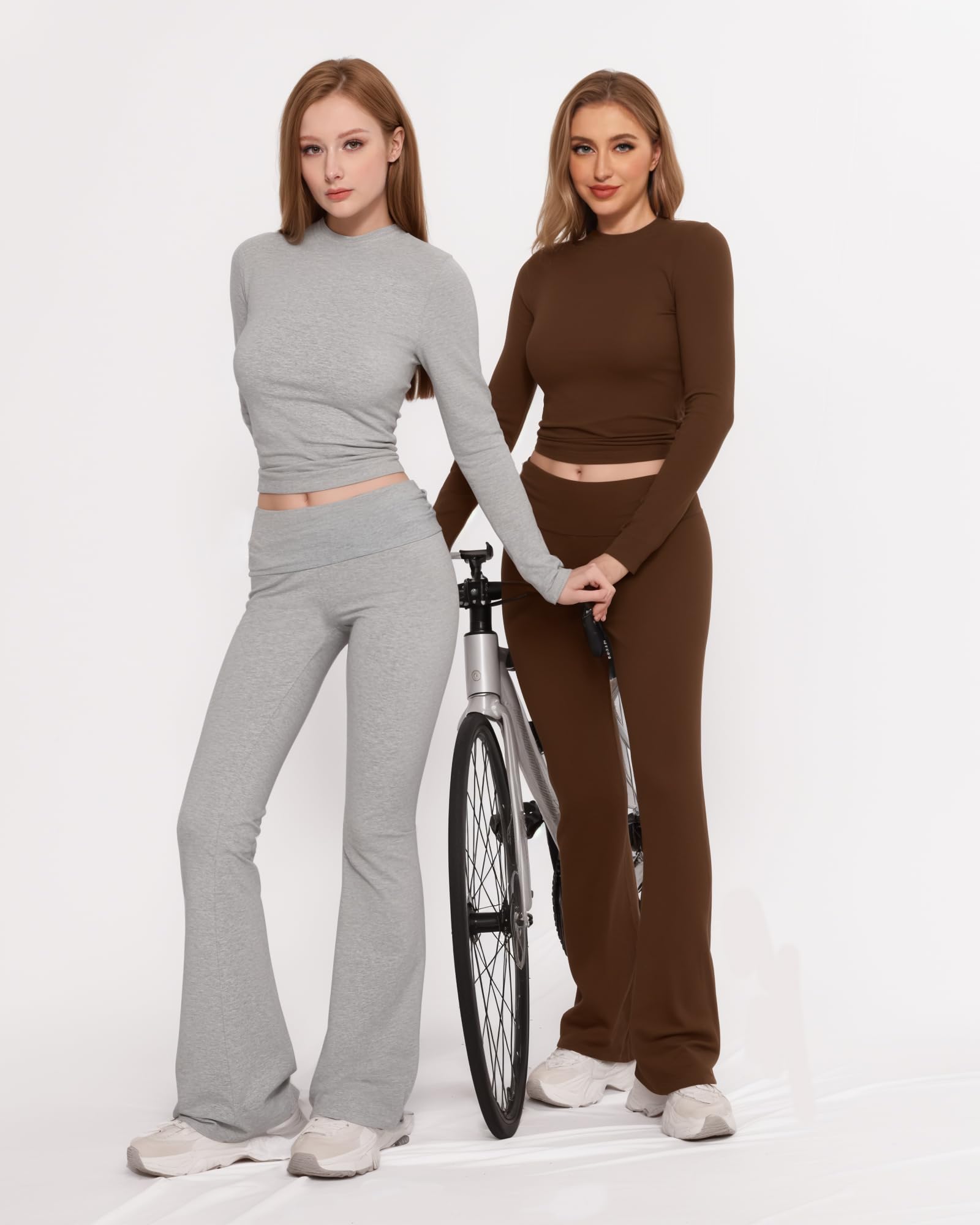 MANGOPOP Women's 2-Piece Lounge Set - Fold Over Flare Pants & Long Sleeve Shirt Casual Outfit | Comfortable Loungewear for Home, Yoga & Relaxation