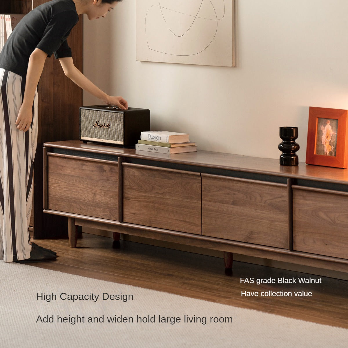 Premium Black Walnut & Ash Solid Wood TV Stand with Skeleton Line Design - Modern Entertainment Center for Living Room, Bedroom, and Home Theater Setup